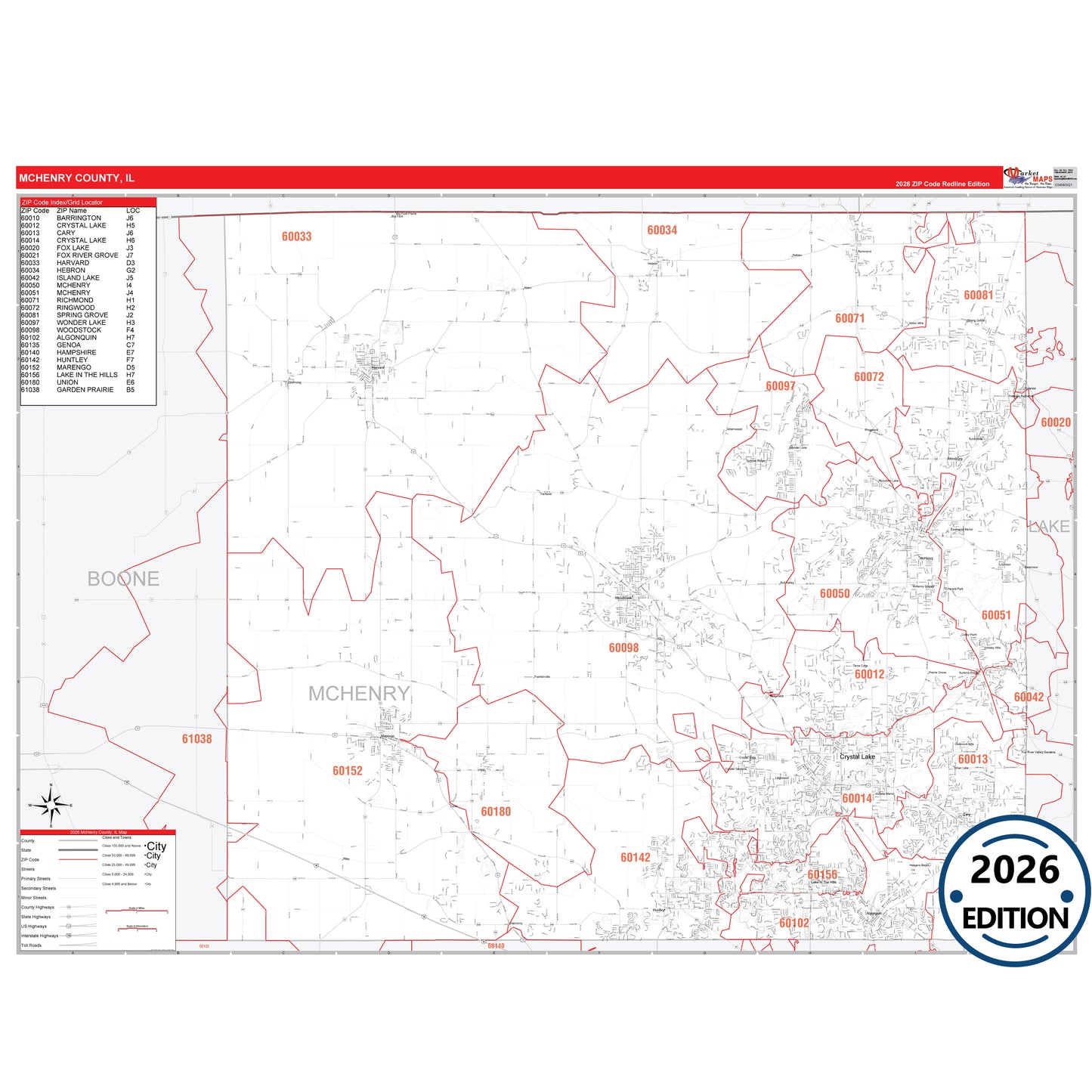 McHenry County, IL Red Line 5 Digit ZIP Code Wall Map