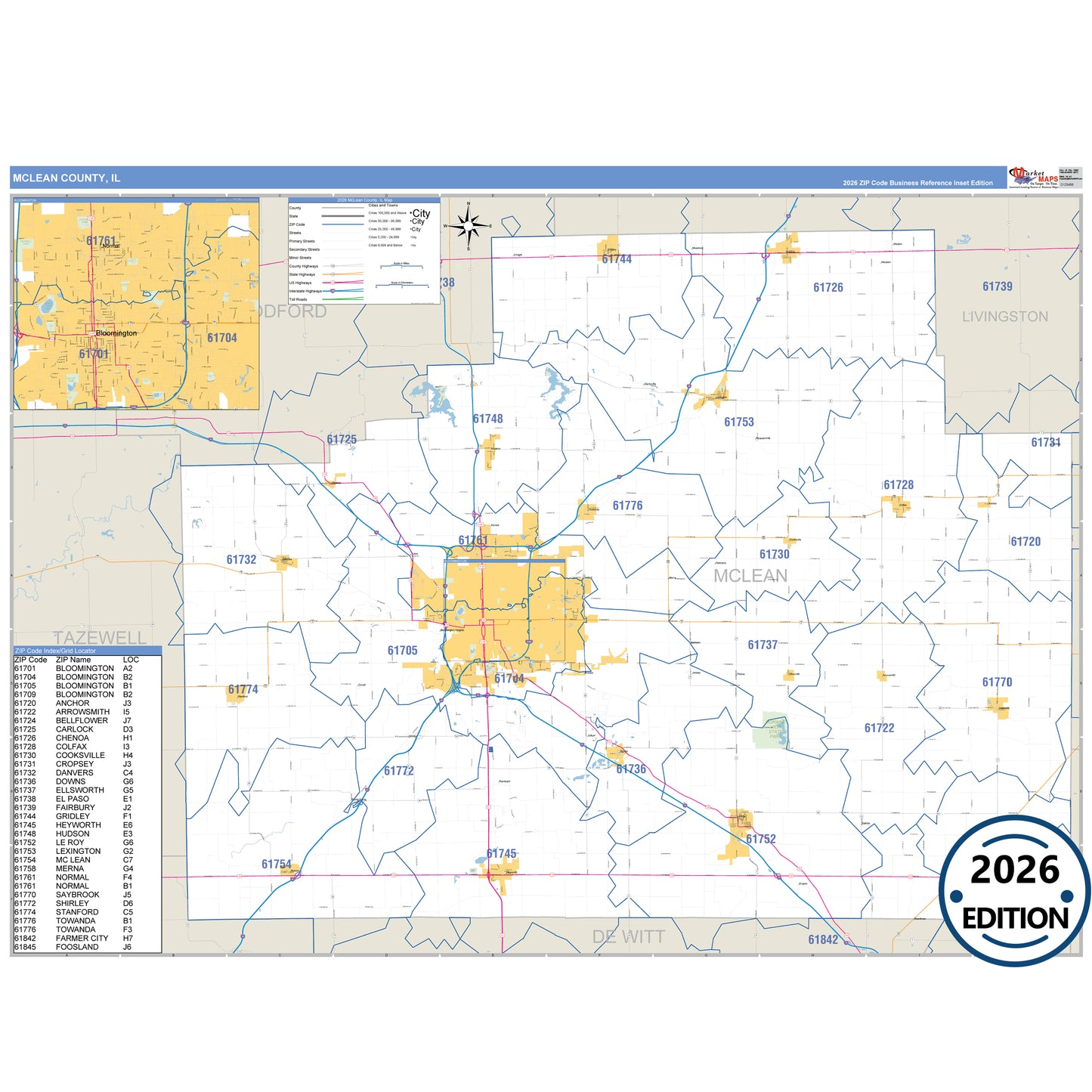 McLean County, IL Business Reference 5 Digit ZIP Code Wall Map
