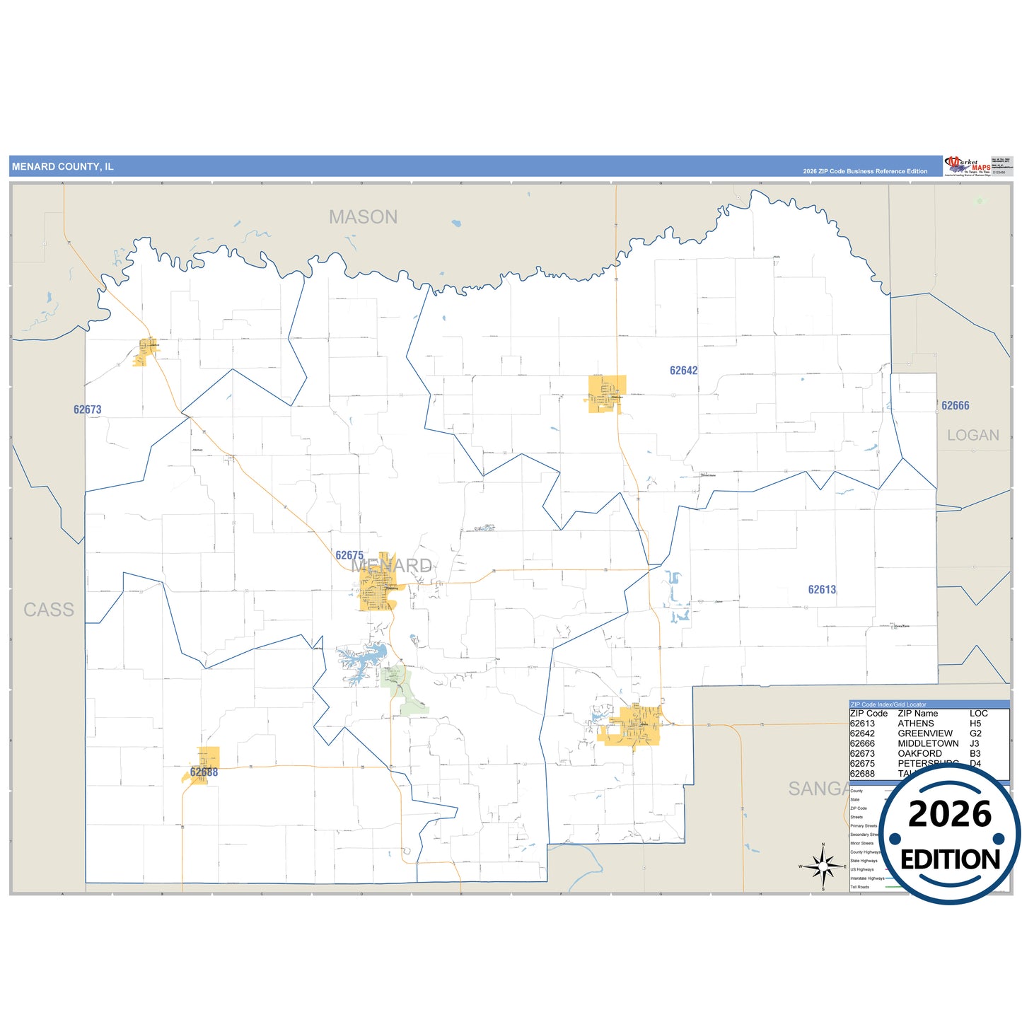 Menard County, IL Business Reference 5 Digit ZIP Code Wall Map