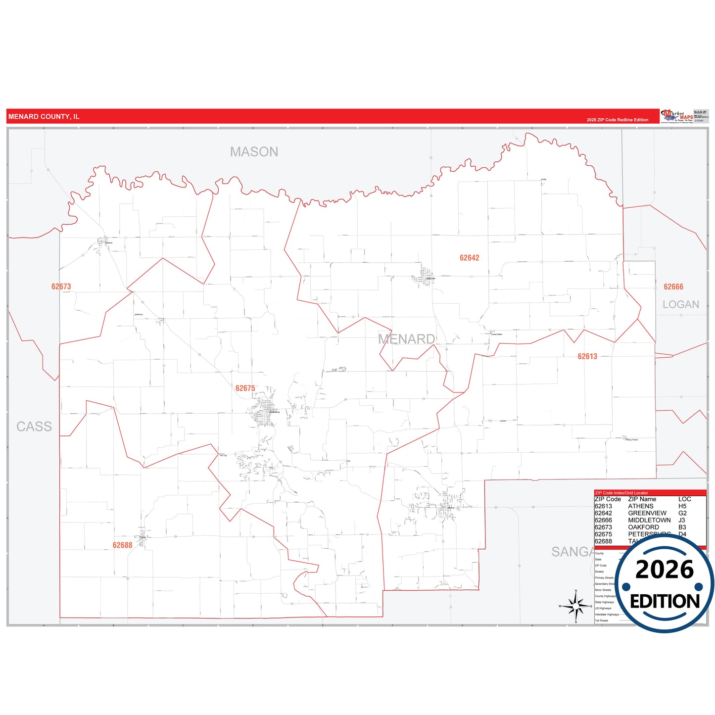 Menard County, IL Red Line 5 Digit ZIP Code Wall Map