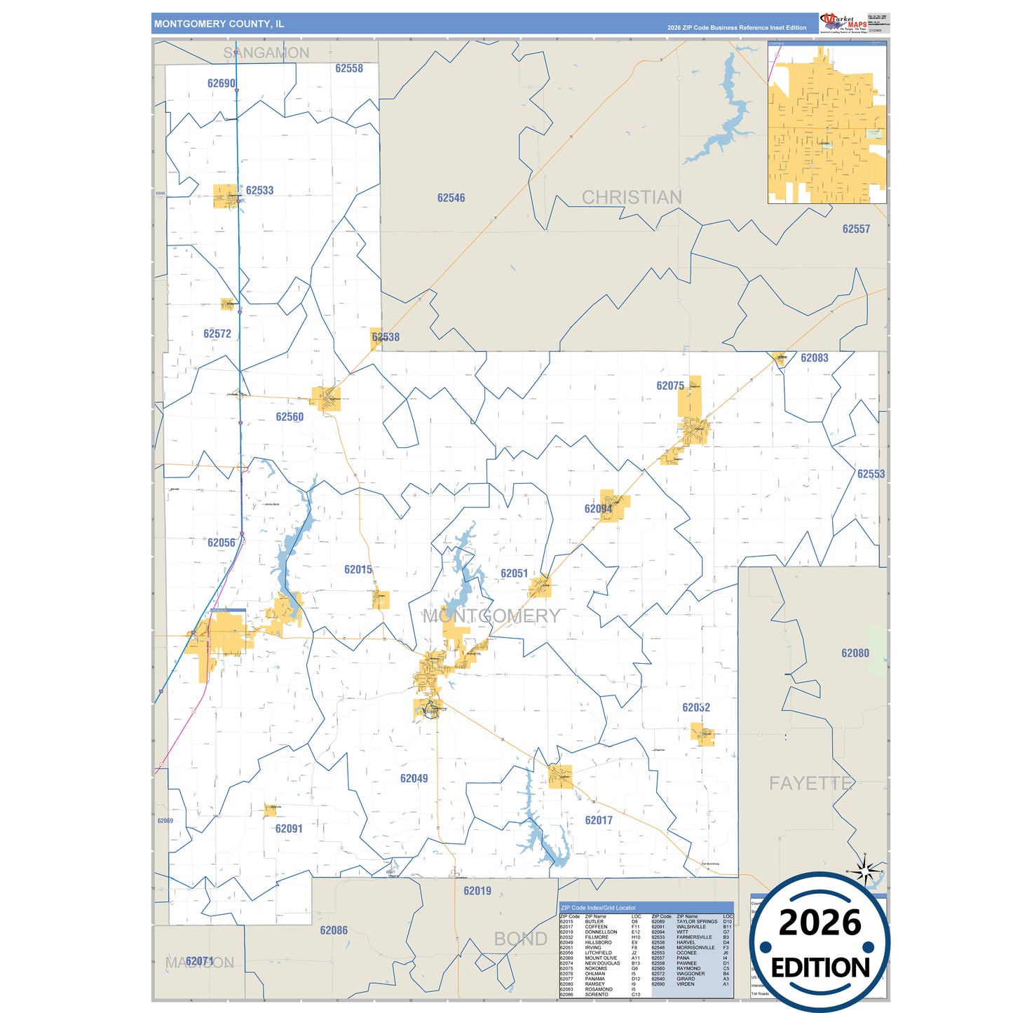 Montgomery County, IL Business Reference 5 Digit ZIP Code Wall Map