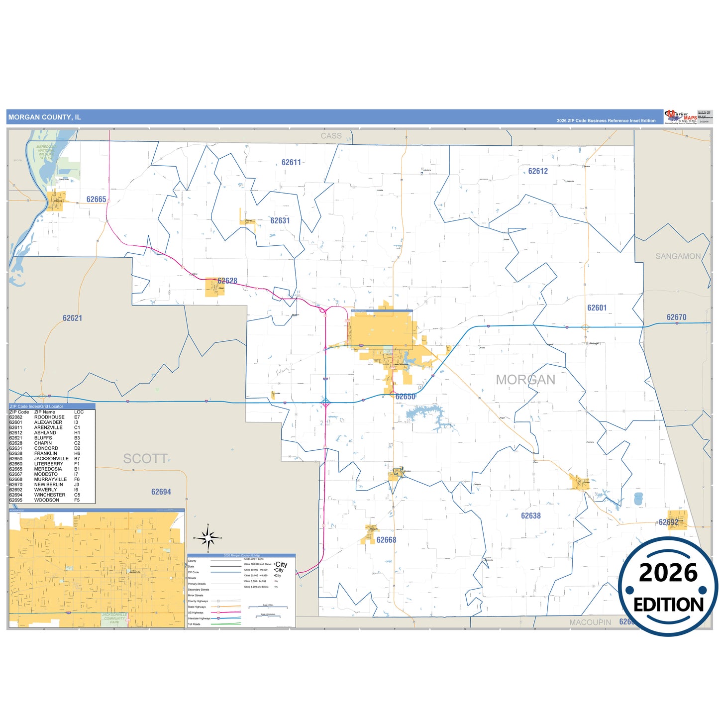 Morgan County, IL Business Reference 5 Digit ZIP Code Wall Map