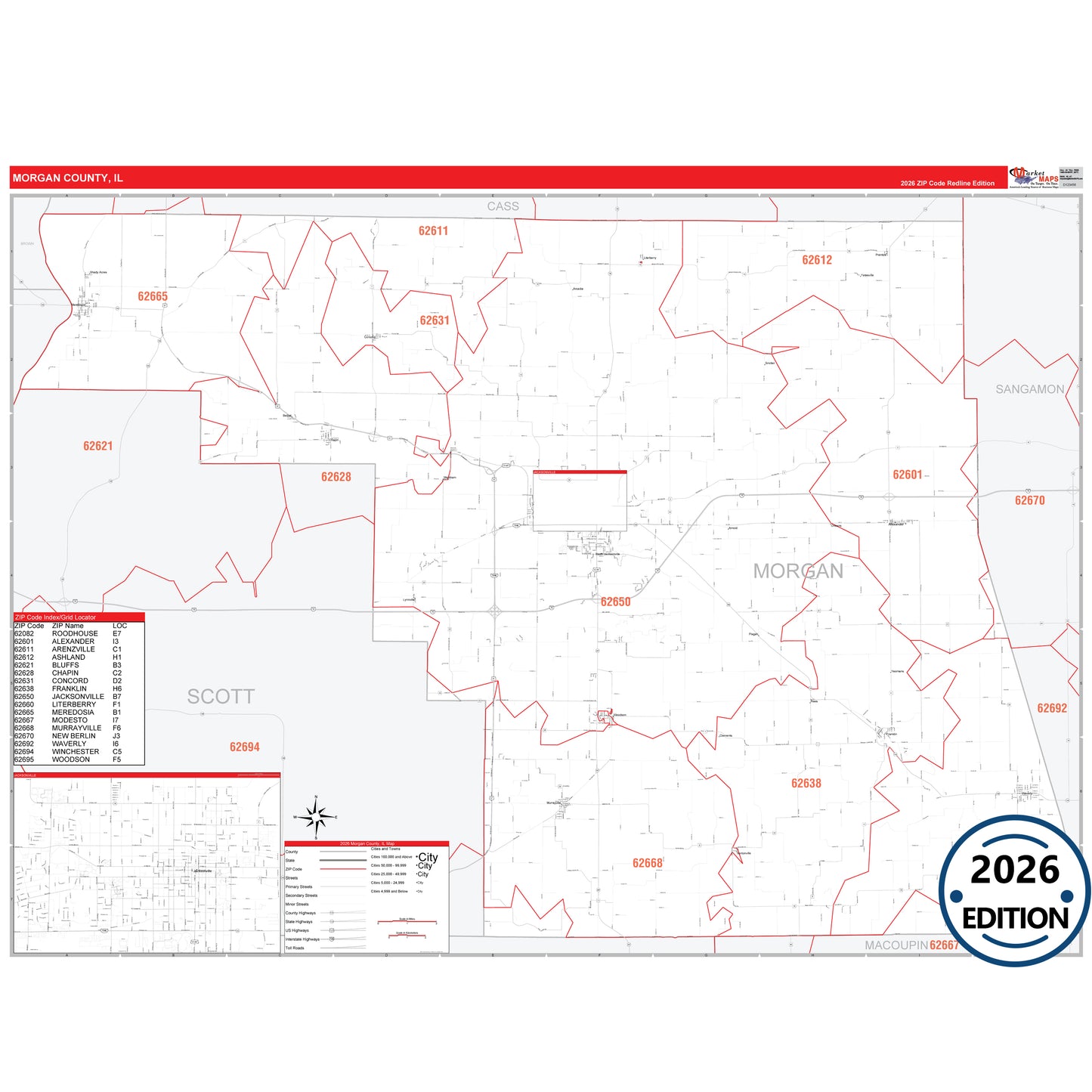 Morgan County, IL Red Line 5 Digit ZIP Code Wall Map