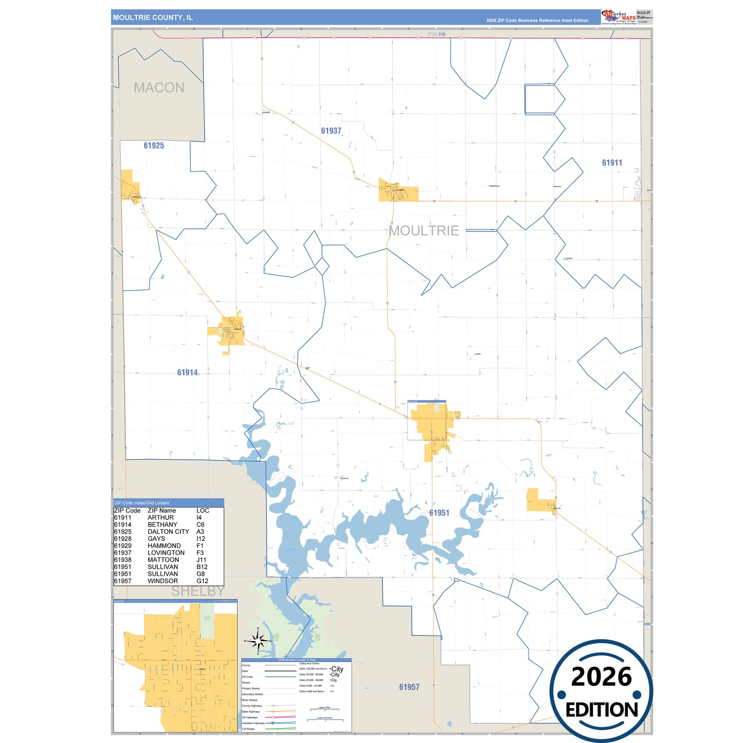 Moultrie County, IL Business Reference 5 Digit ZIP Code Wall Map