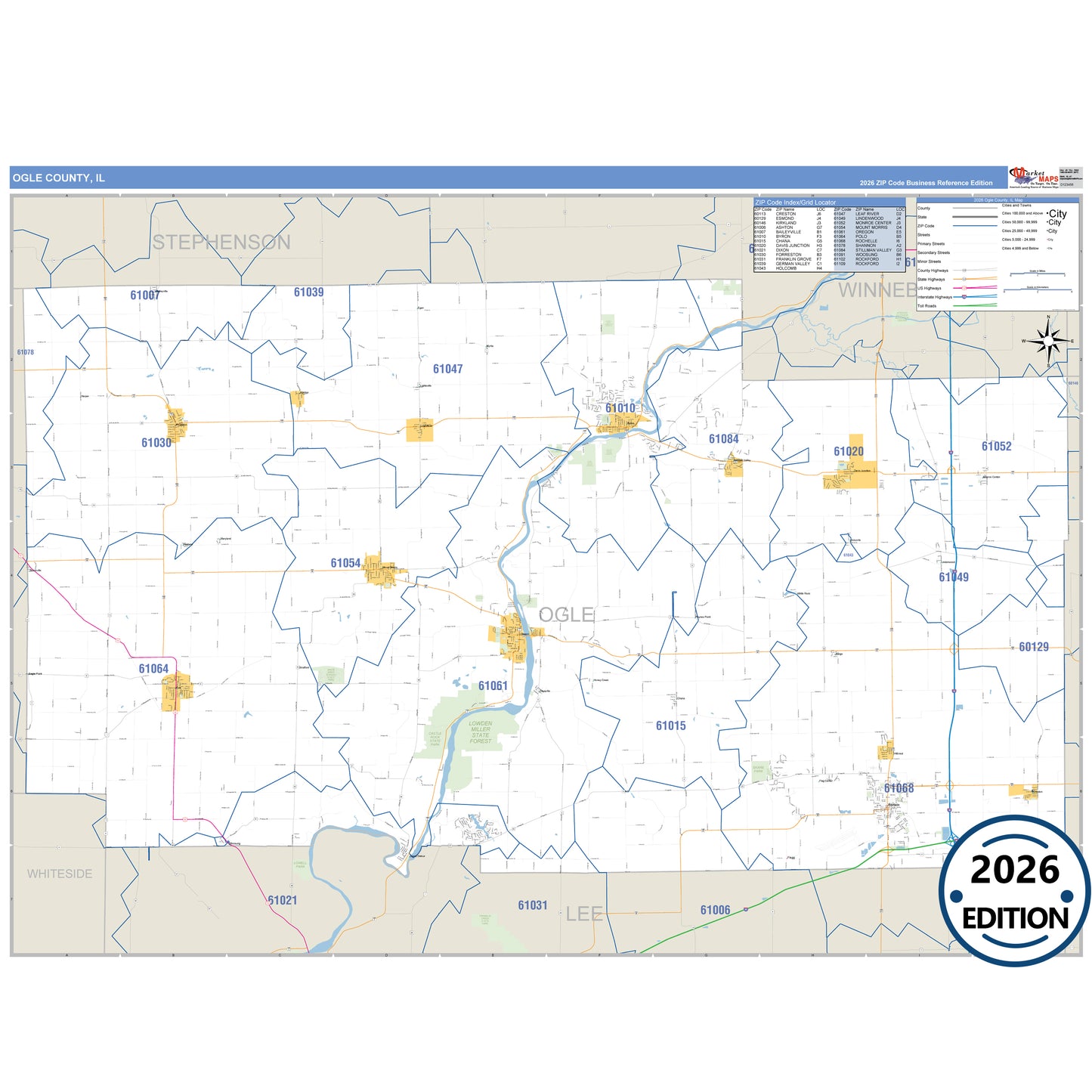 Ogle County, IL Business Reference 5 Digit ZIP Code Wall Map