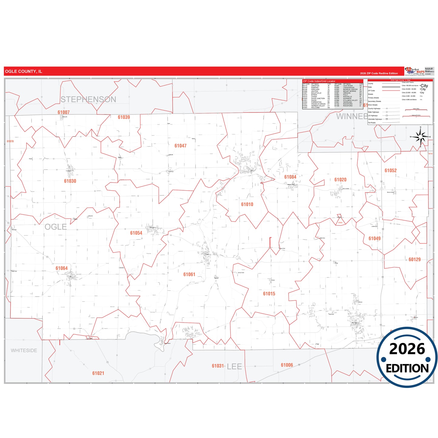 Ogle County, IL Red Line 5 Digit ZIP Code Wall Map