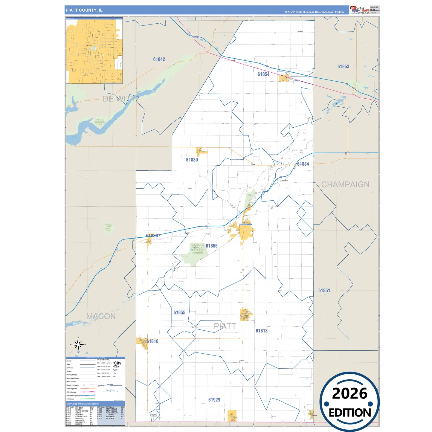 Piatt County, IL Business Reference 5 Digit ZIP Code Wall Map