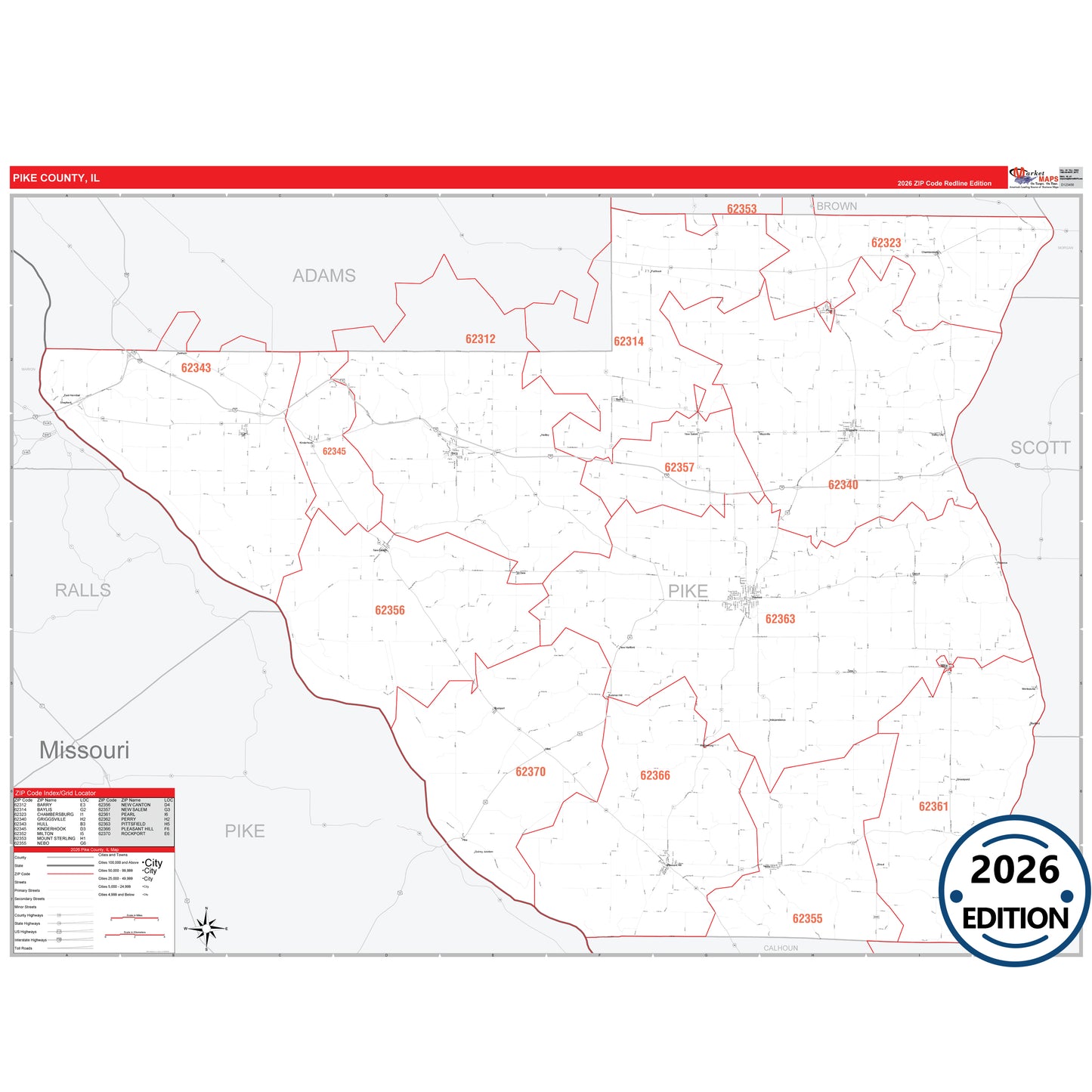 Pike County, IL Red Line 5 Digit ZIP Code Wall Map