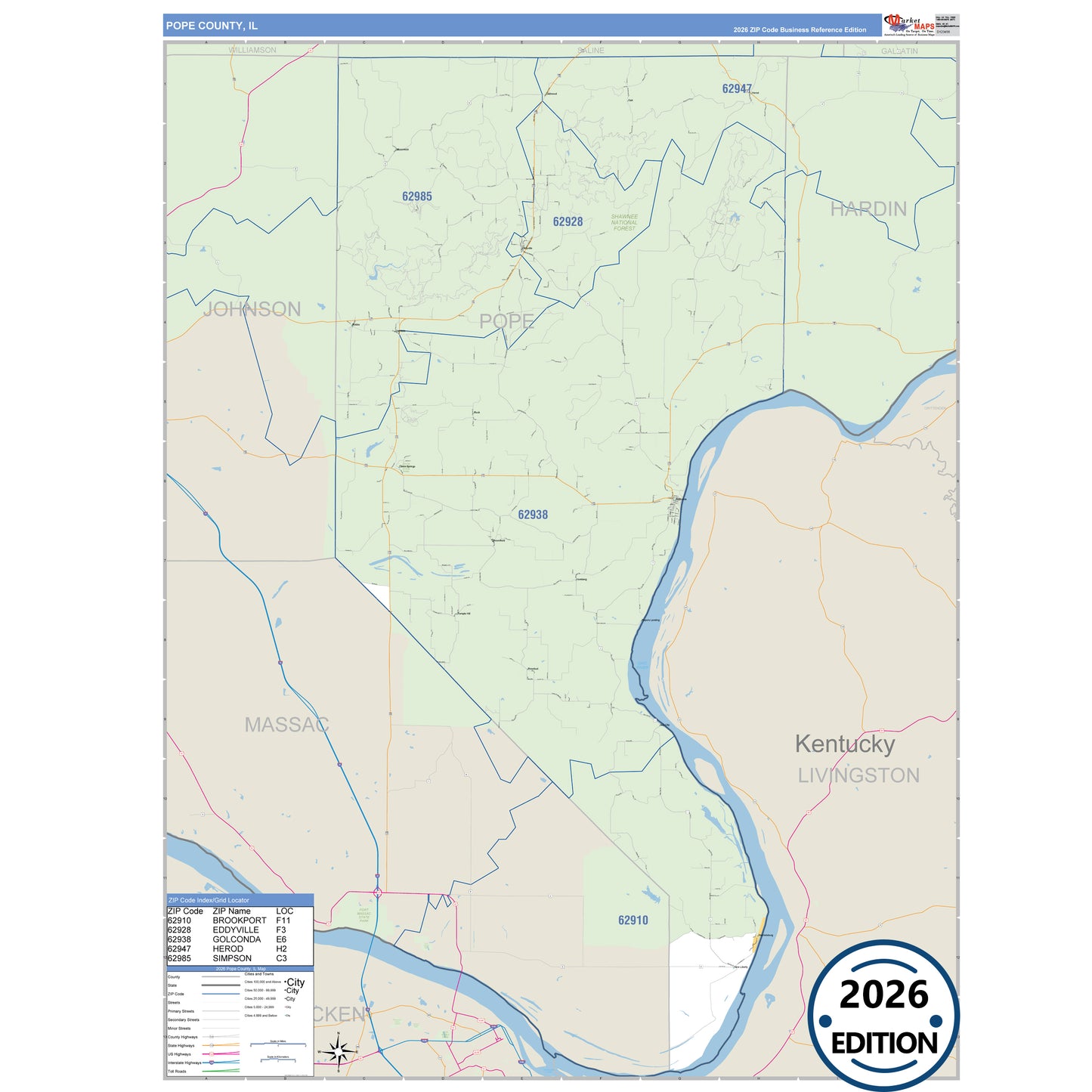 Pope County, IL Business Reference 5 Digit ZIP Code Wall Map