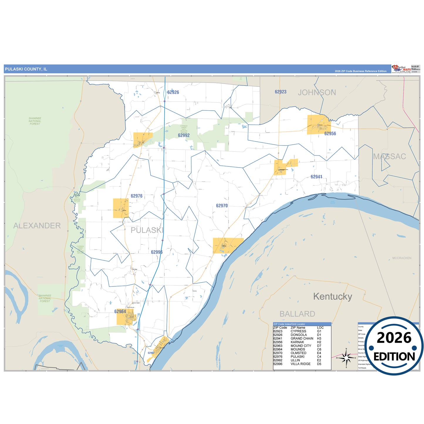 Pulaski County, IL Business Reference 5 Digit ZIP Code Wall Map