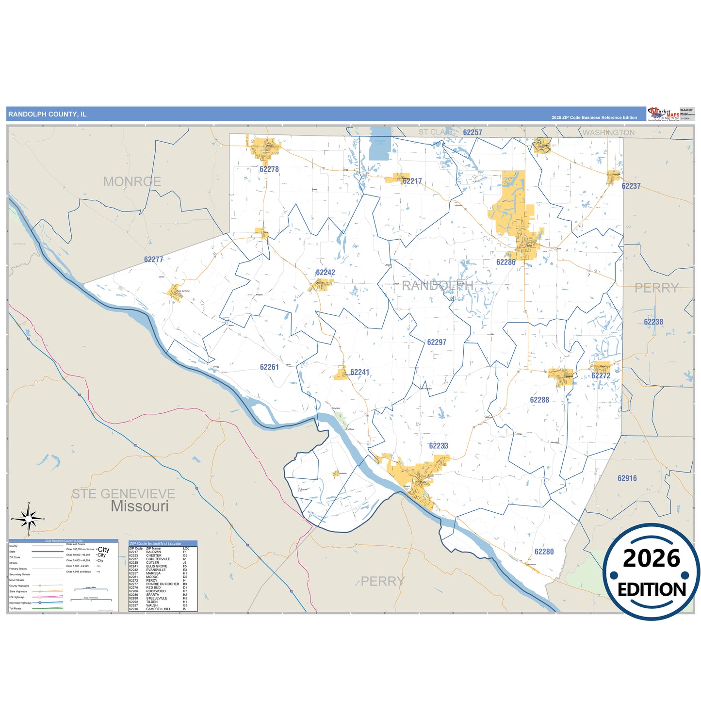 Randolph County, IL Business Reference 5 Digit ZIP Code Wall Map