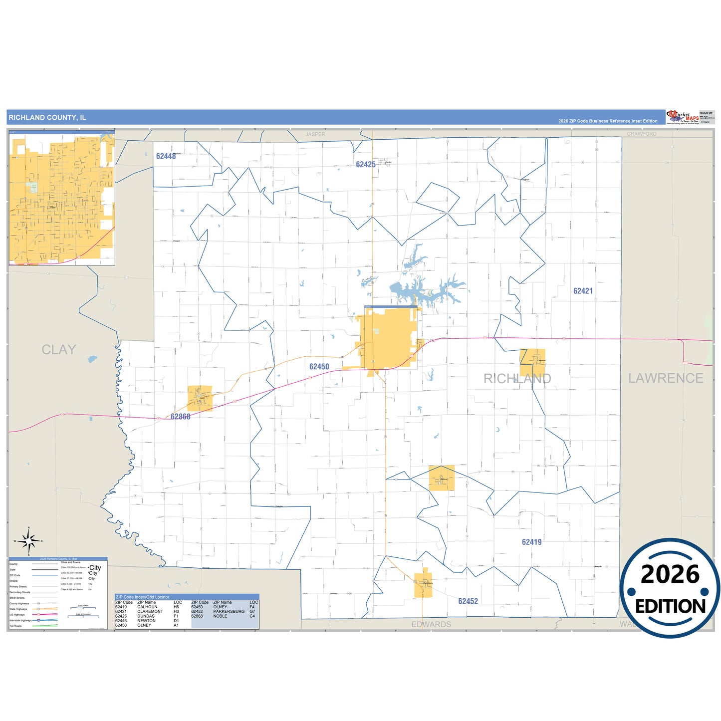Richland County, IL Business Reference 5 Digit ZIP Code Wall Map