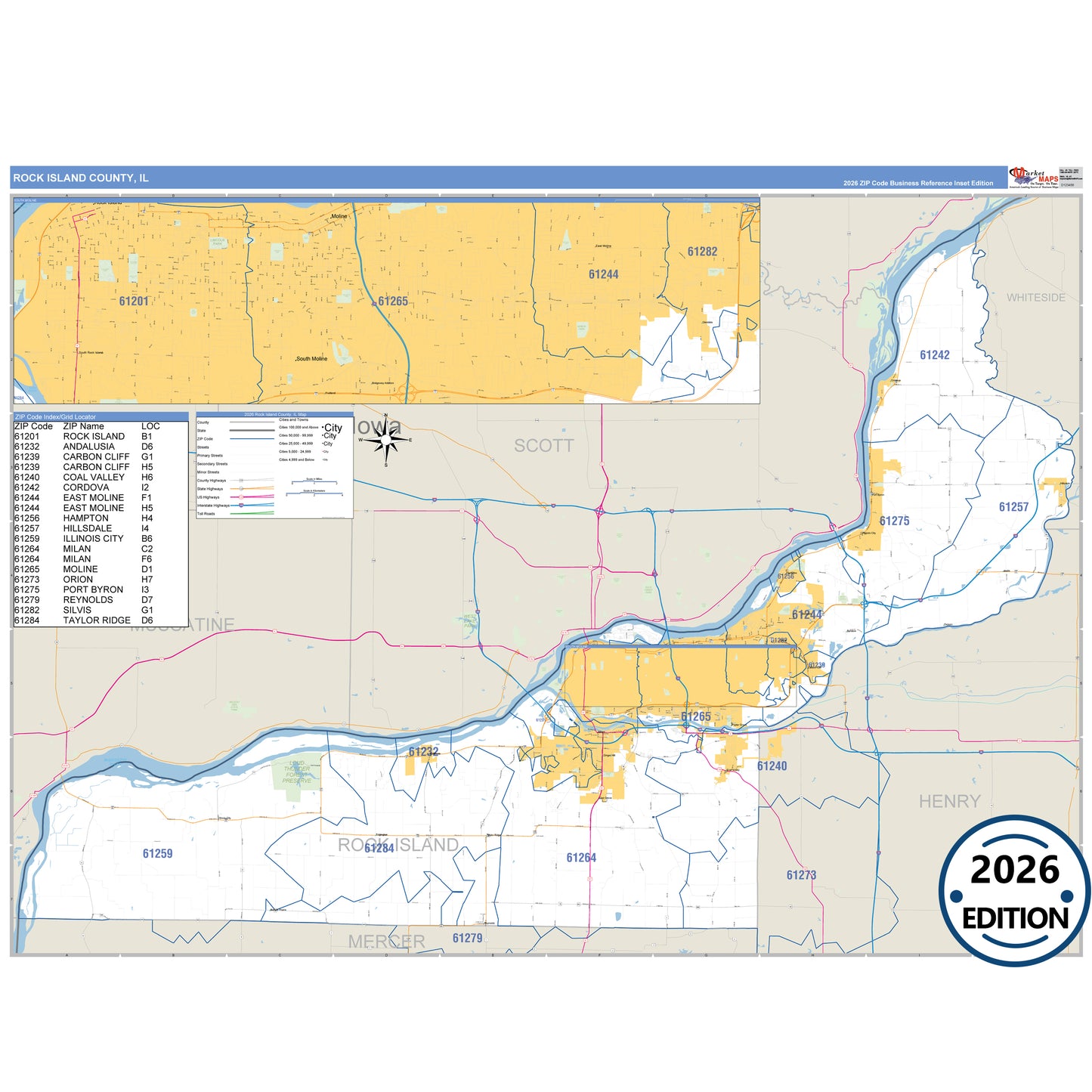 Rock Island County, IL Business Reference 5 Digit ZIP Code Wall Map