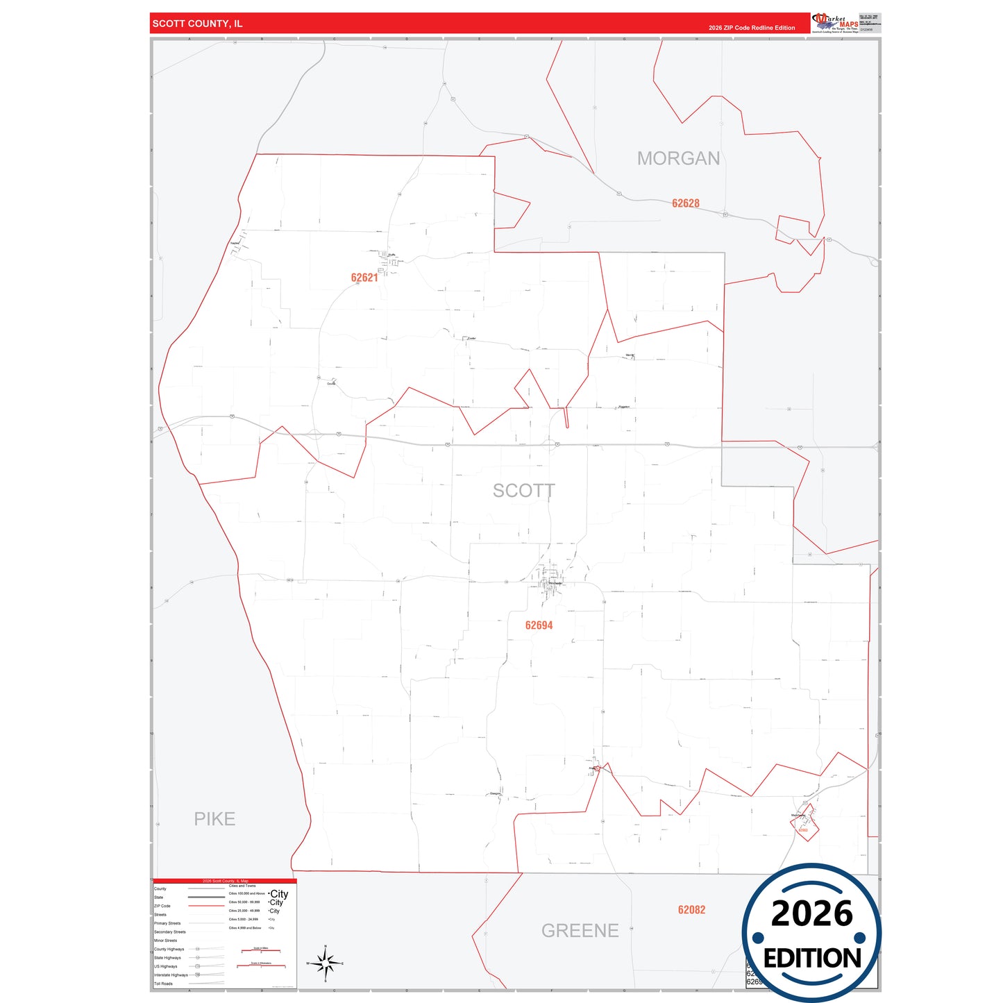Scott County, IL Red Line 5 Digit ZIP Code Wall Map