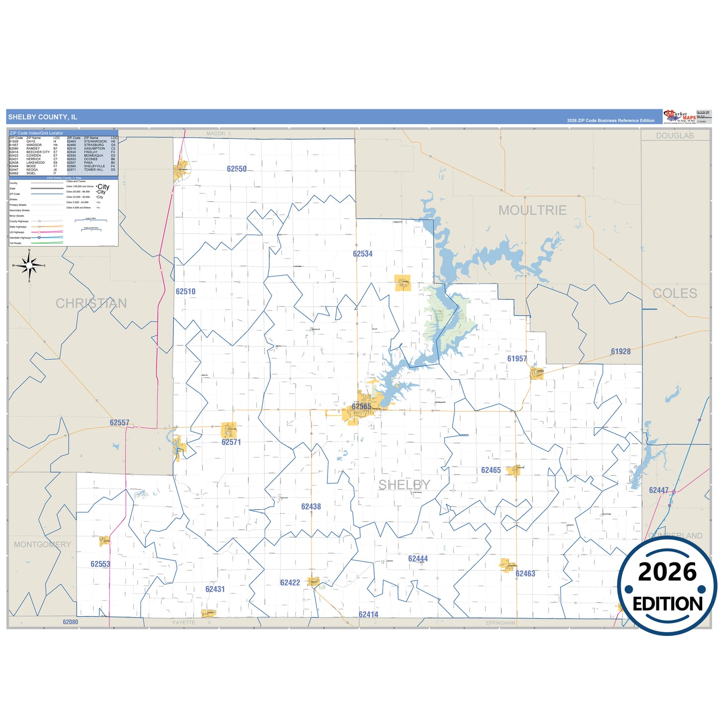 Shelby County, IL Business Reference 5 Digit ZIP Code Wall Map