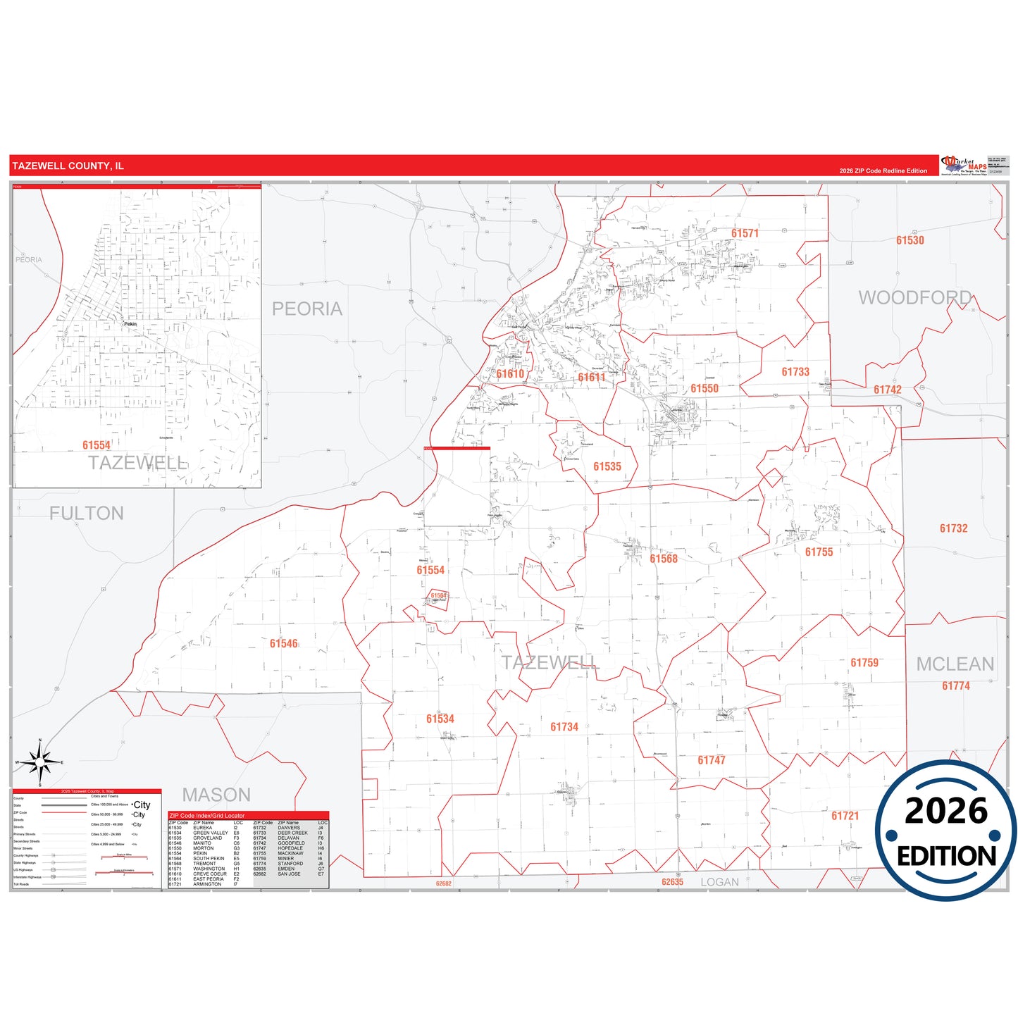 Tazewell County, IL Red Line 5 Digit ZIP Code Wall Map
