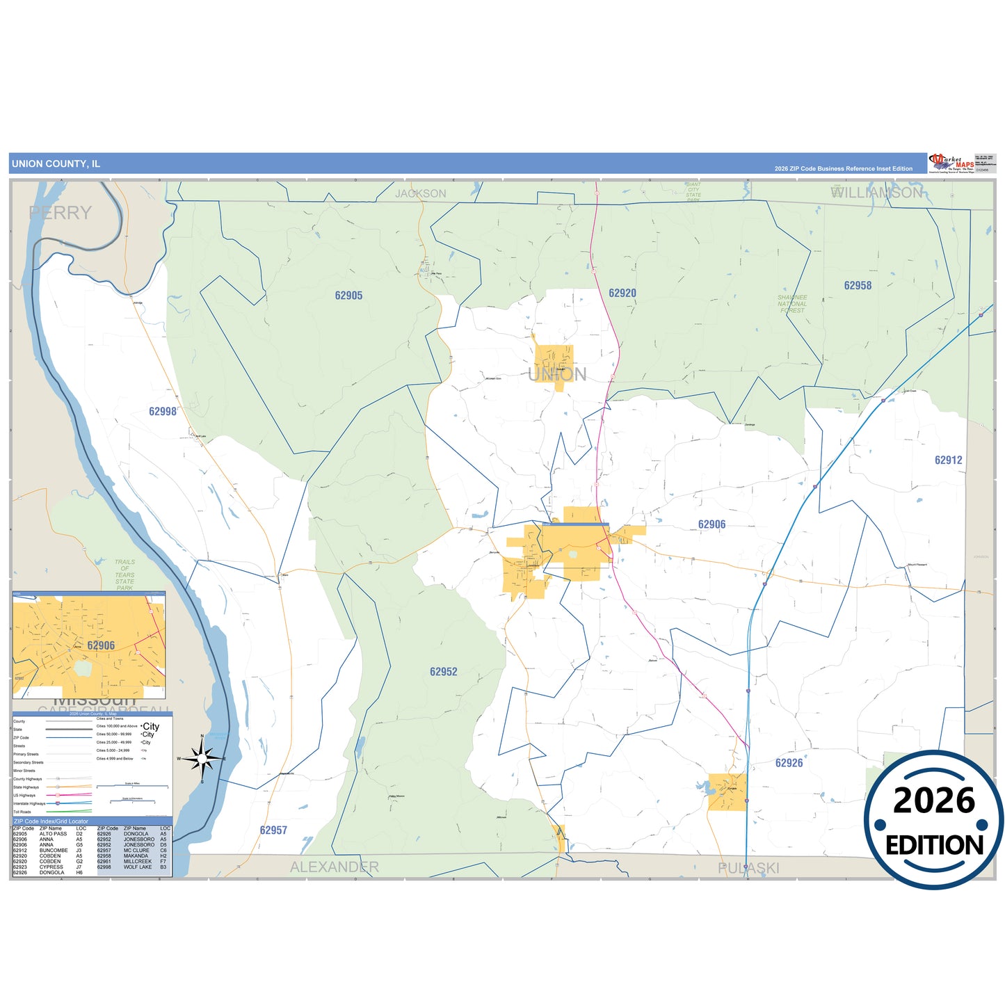 Union County, IL Business Reference 5 Digit ZIP Code Wall Map