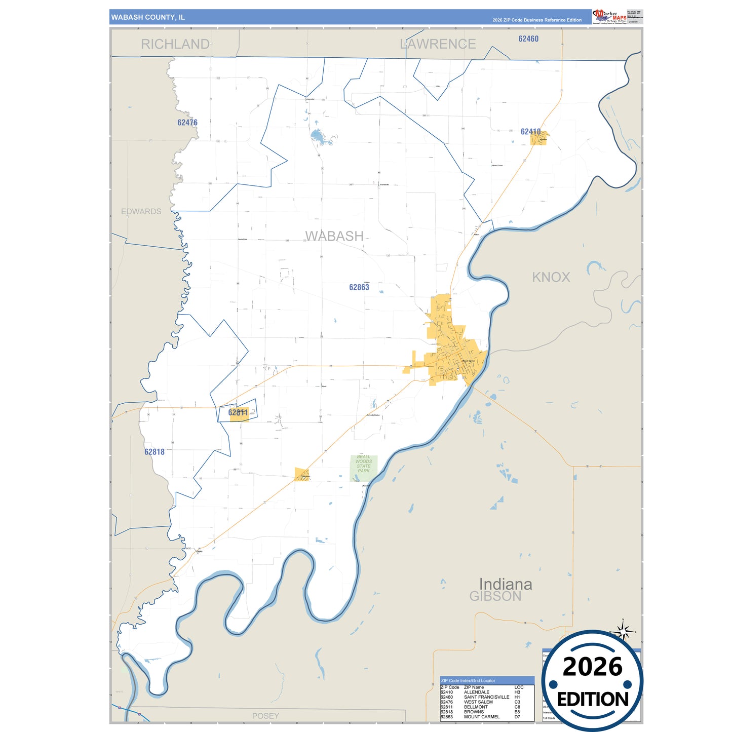 Wabash County, IL Business Reference 5 Digit ZIP Code Wall Map