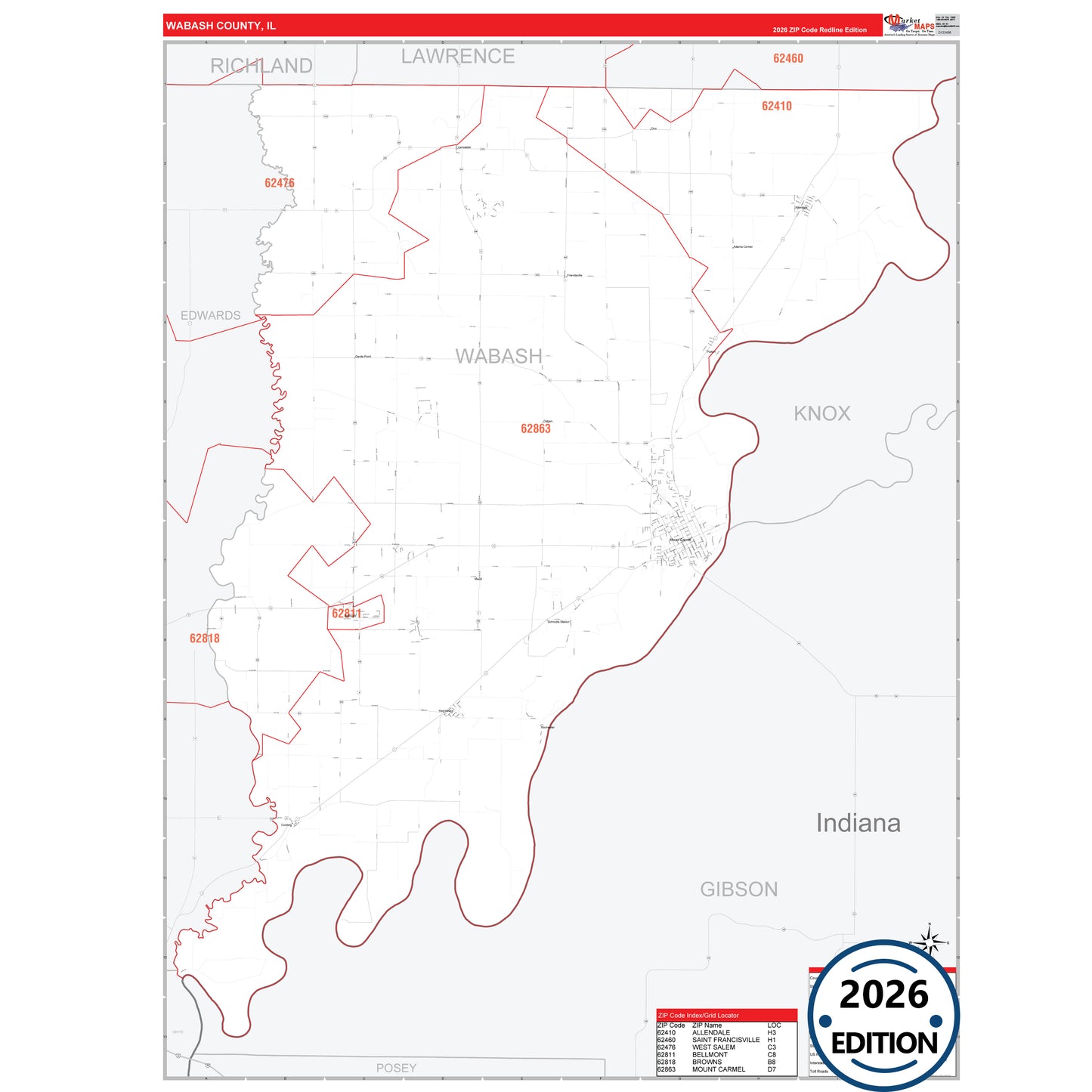 Wabash County, IL Red Line 5 Digit ZIP Code Wall Map