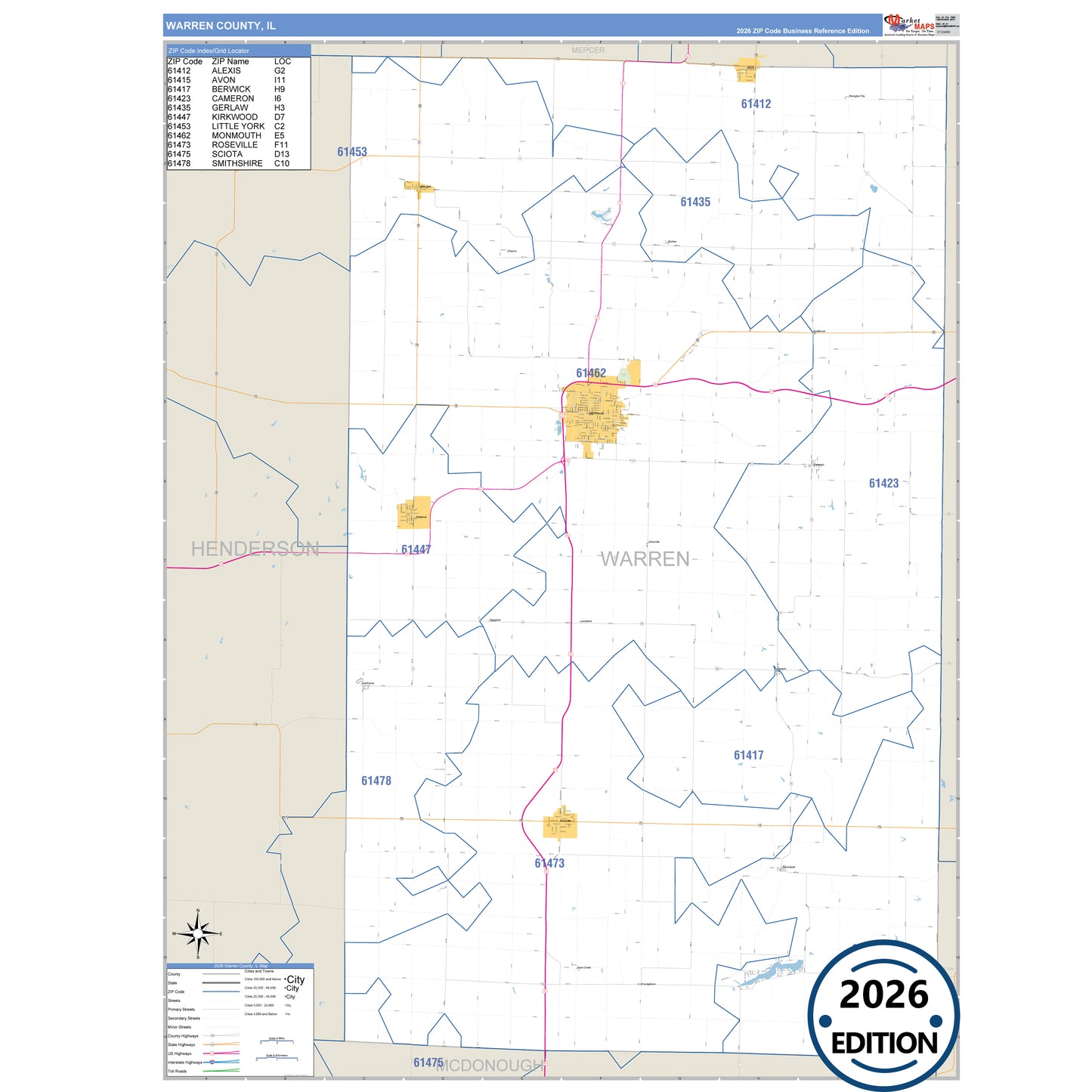 Warren County, IL Business Reference 5 Digit ZIP Code Wall Map