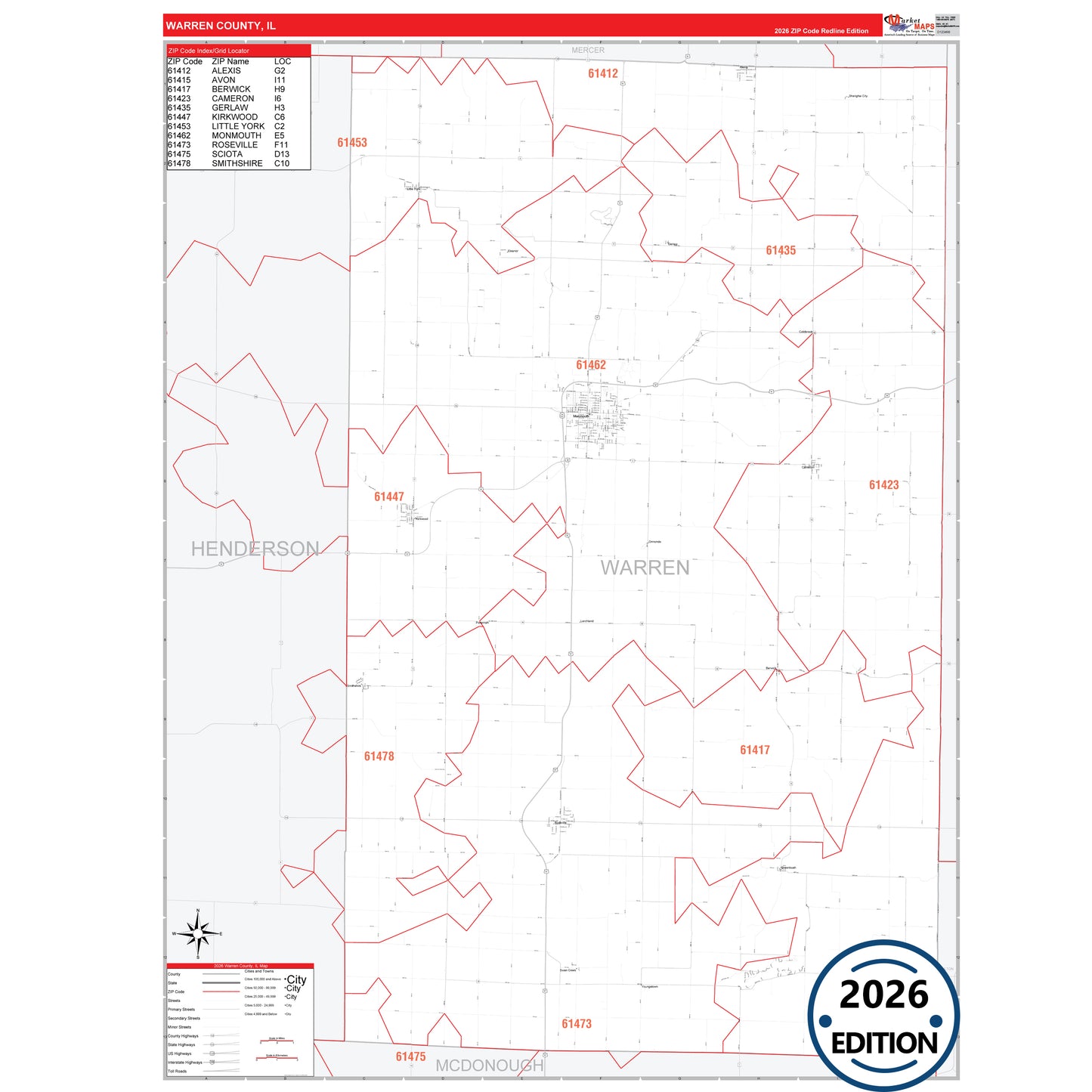 Warren County, IL Red Line 5 Digit ZIP Code Wall Map
