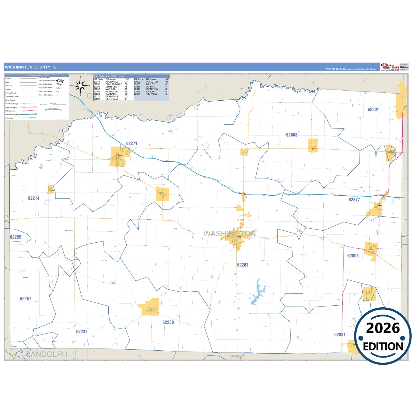 Washington County, IL Business Reference 5 Digit ZIP Code Wall Map