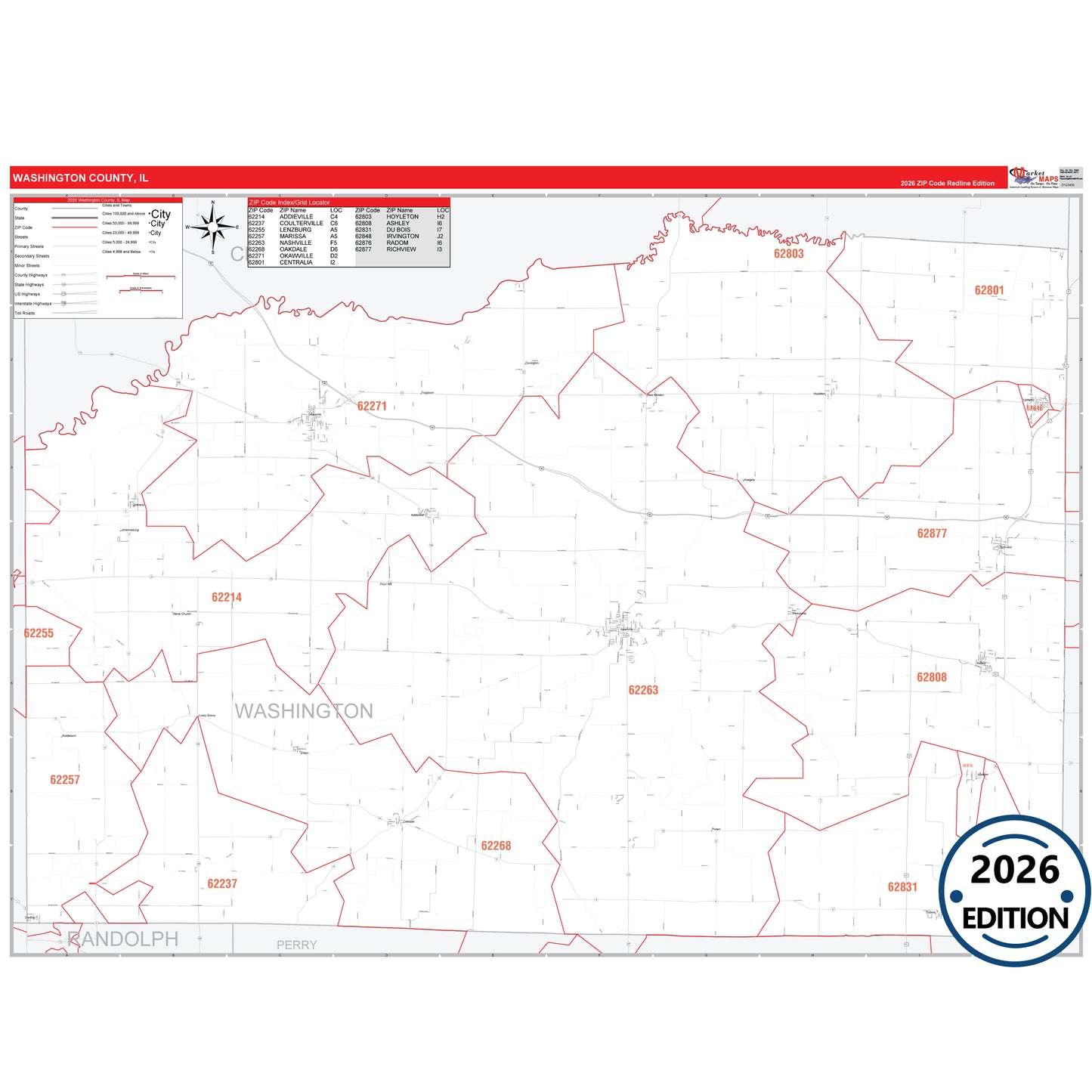 Washington County, IL Red Line 5 Digit ZIP Code Wall Map