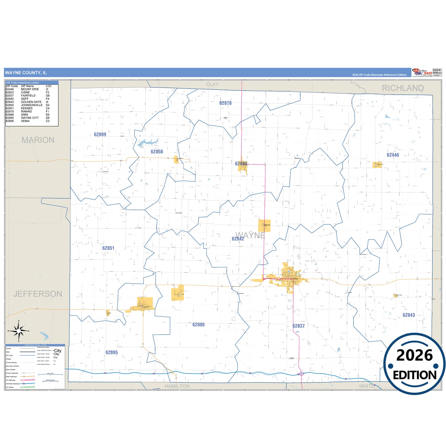 Wayne County, IL Business Reference 5 Digit ZIP Code Wall Map