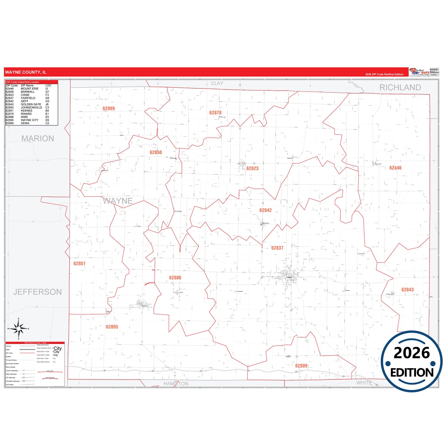Wayne County, IL Red Line 5 Digit ZIP Code Wall Map