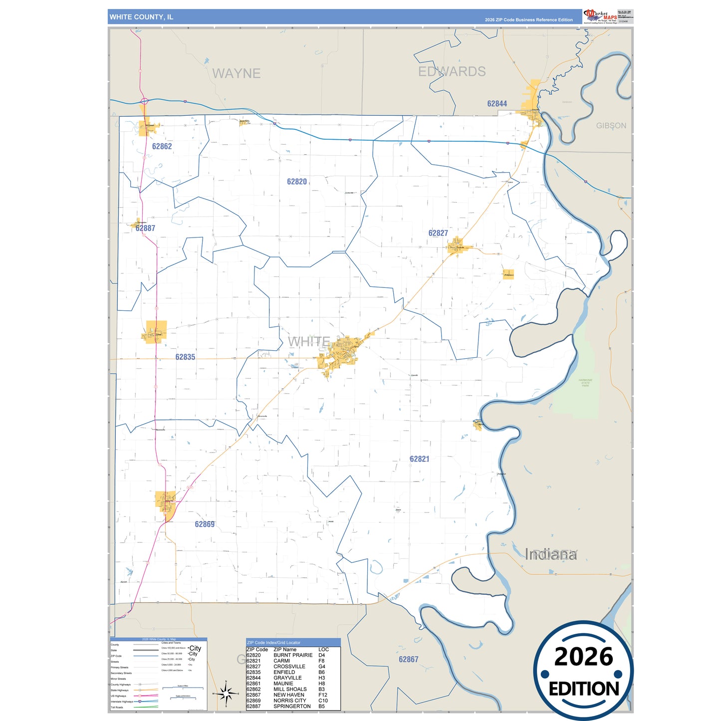 White County, IL Business Reference 5 Digit ZIP Code Wall Map