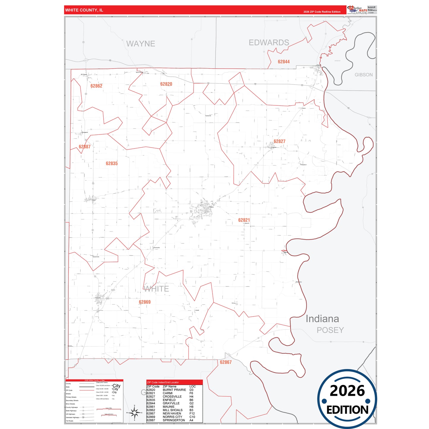 White County, IL Red Line 5 Digit ZIP Code Wall Map