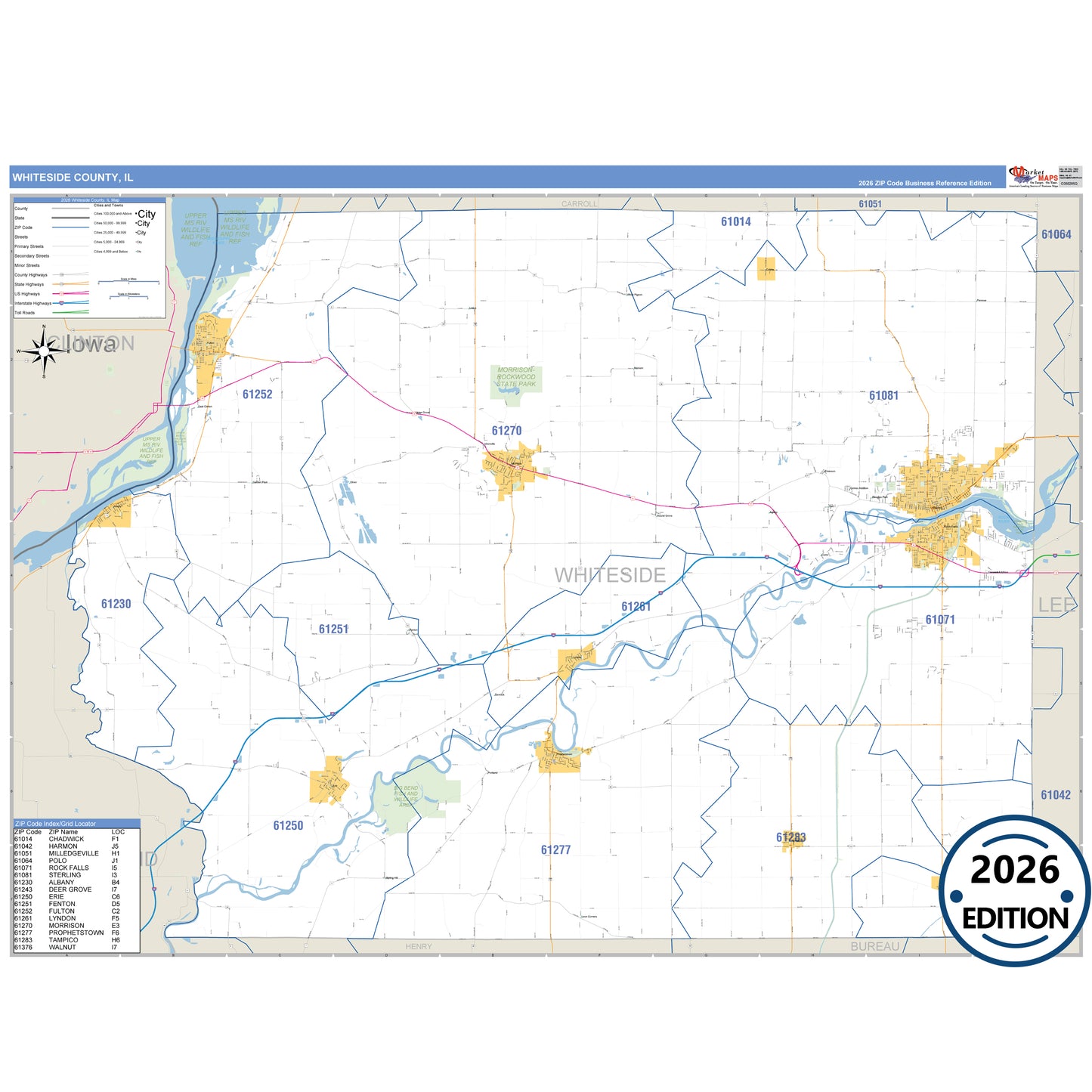 Whiteside County, IL Business Reference 5 Digit ZIP Code Wall Map