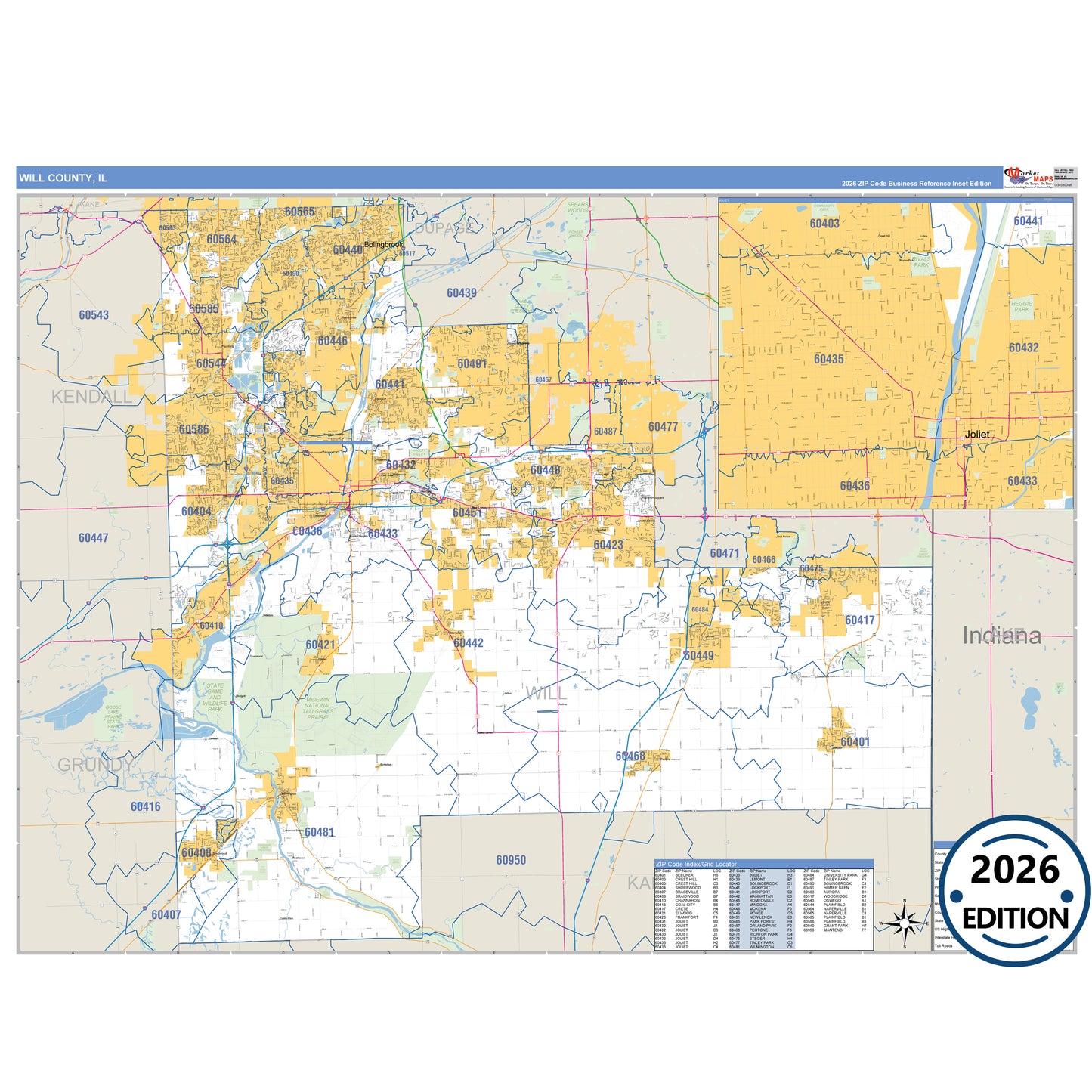 Will County, IL Business Reference 5 Digit ZIP Code Wall Map
