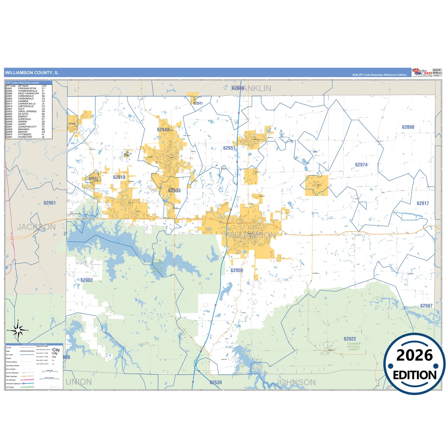 Williamson County, IL Business Reference 5 Digit ZIP Code Wall Map