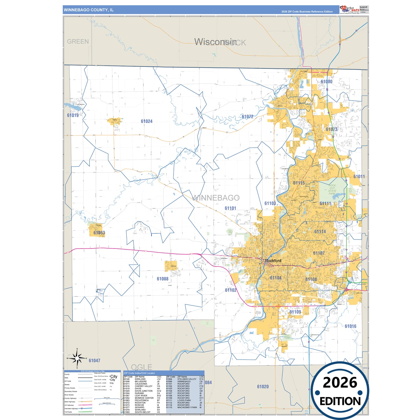 Winnebago County, IL Business Reference 5 Digit ZIP Code Wall Map