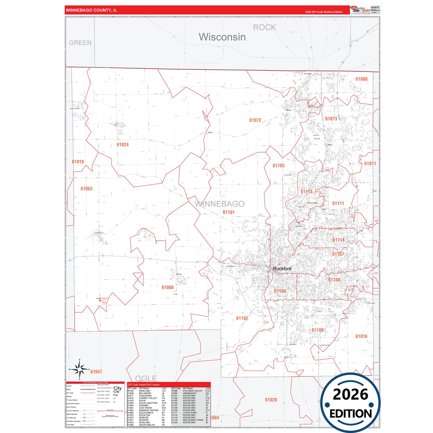 Winnebago County, IL Red Line 5 Digit ZIP Code Wall Map