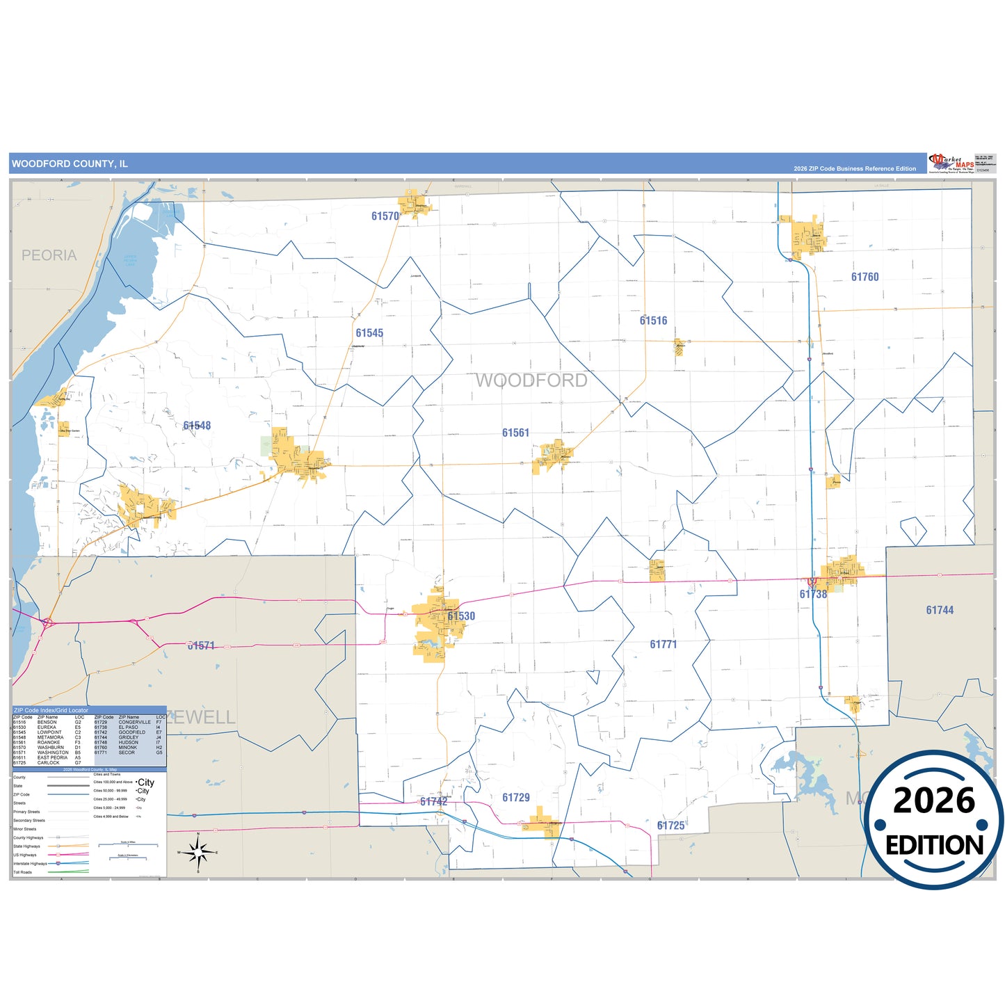 Woodford County, IL Business Reference 5 Digit ZIP Code Wall Map