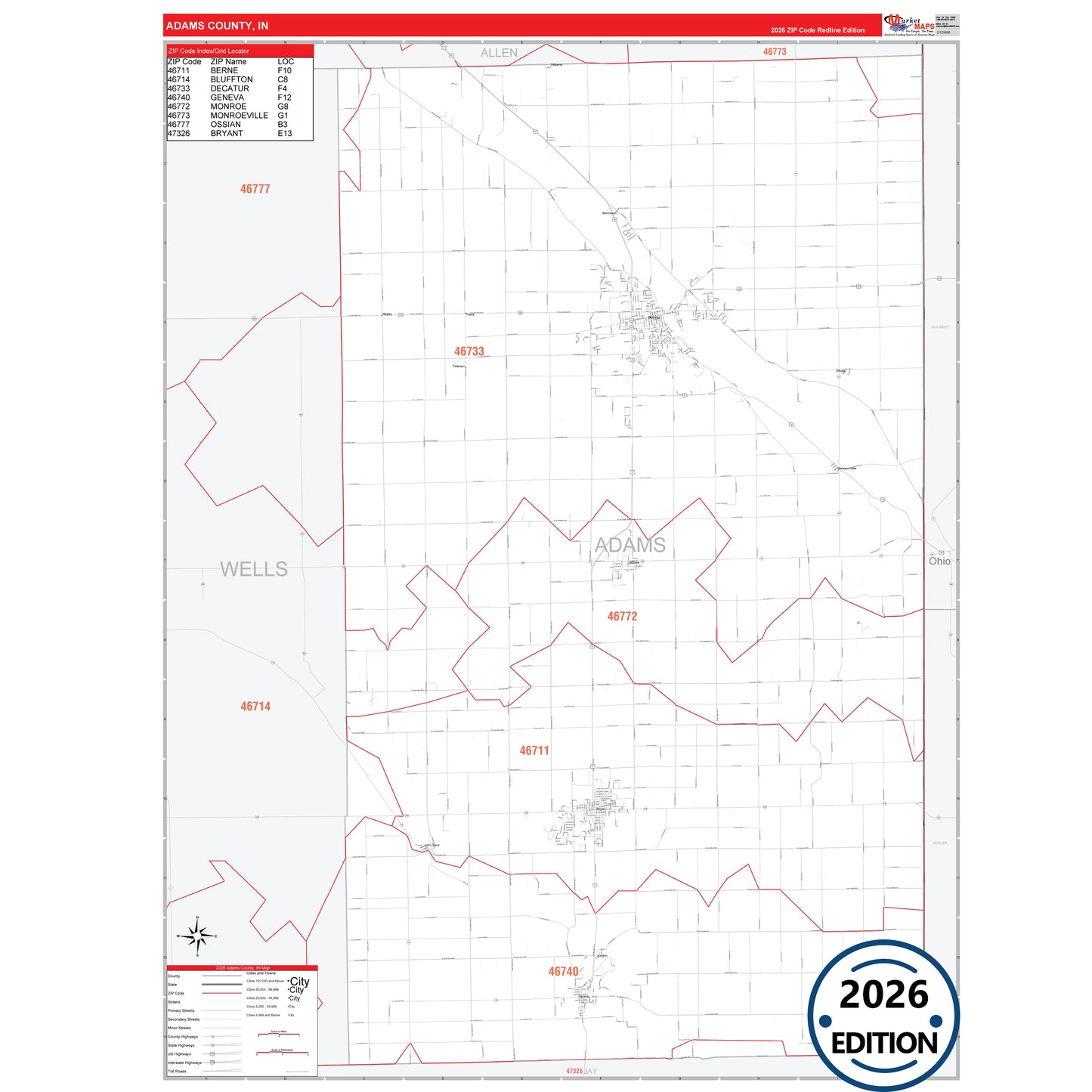 Adams County, IN Red Line 5 Digit ZIP Code Wall Map