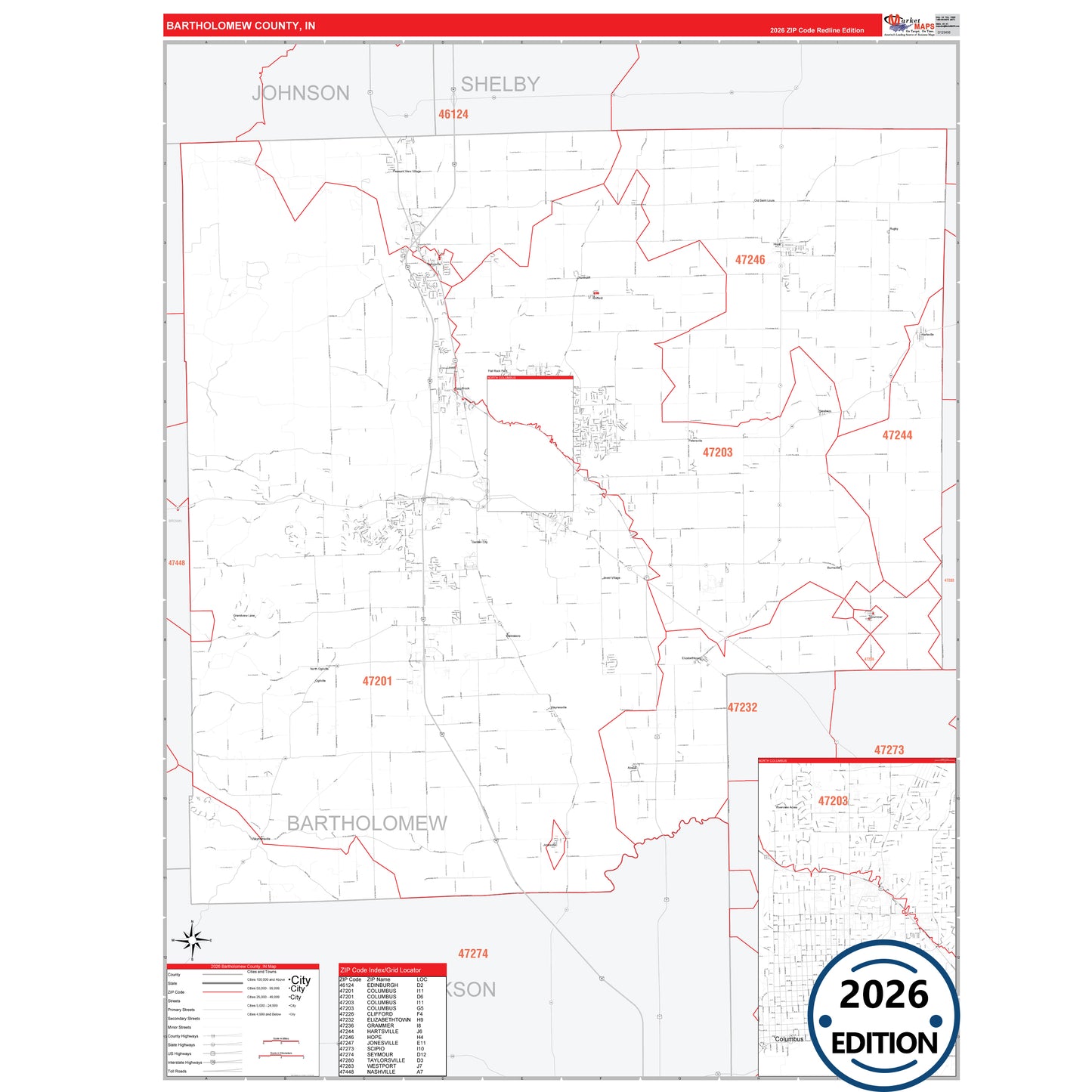 Bartholomew County, IN Red Line map with detailed roads, cities, and ZIP code boundaries.