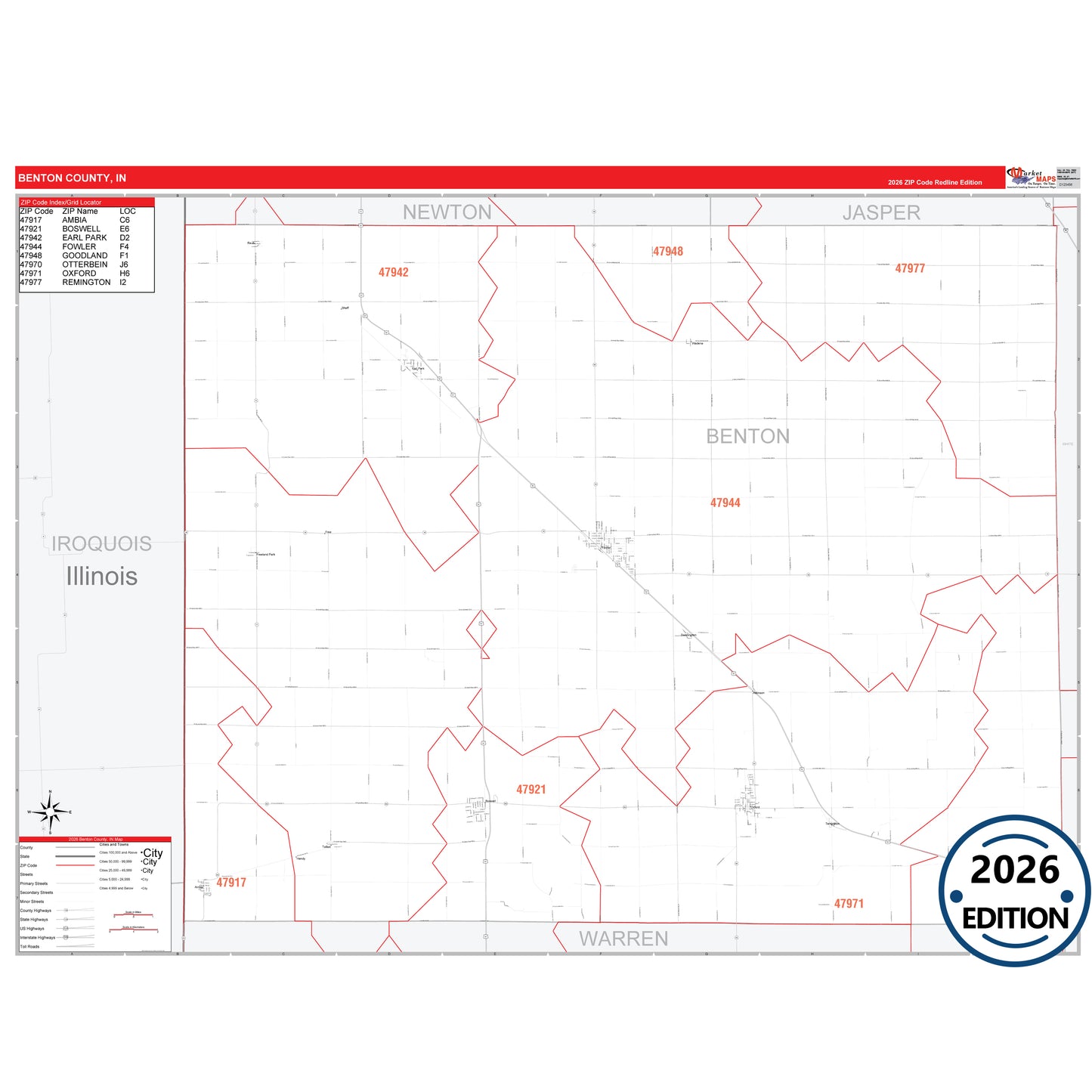 Benton County, IN Red Line 5 Digit ZIP Code Wall Map