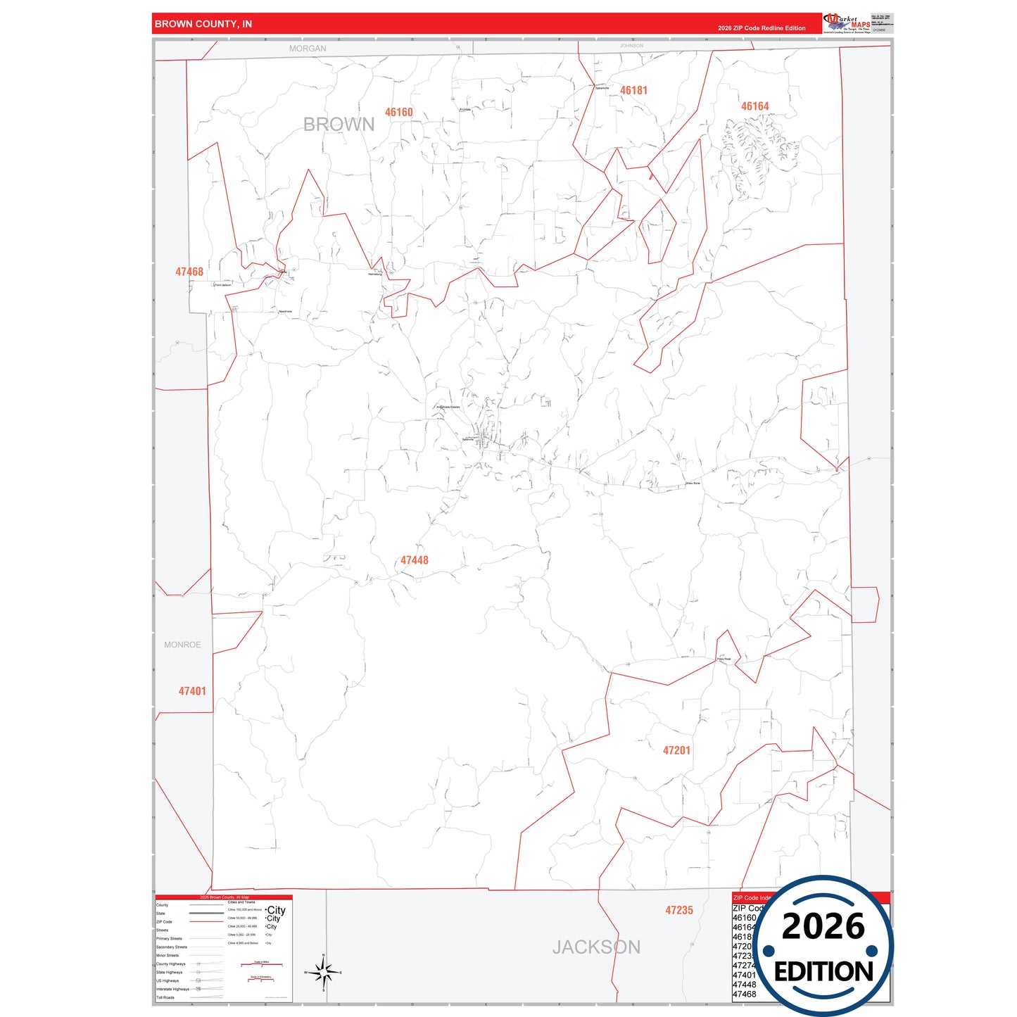 Brown County, IN Red Line 5 Digit ZIP Code Wall Map