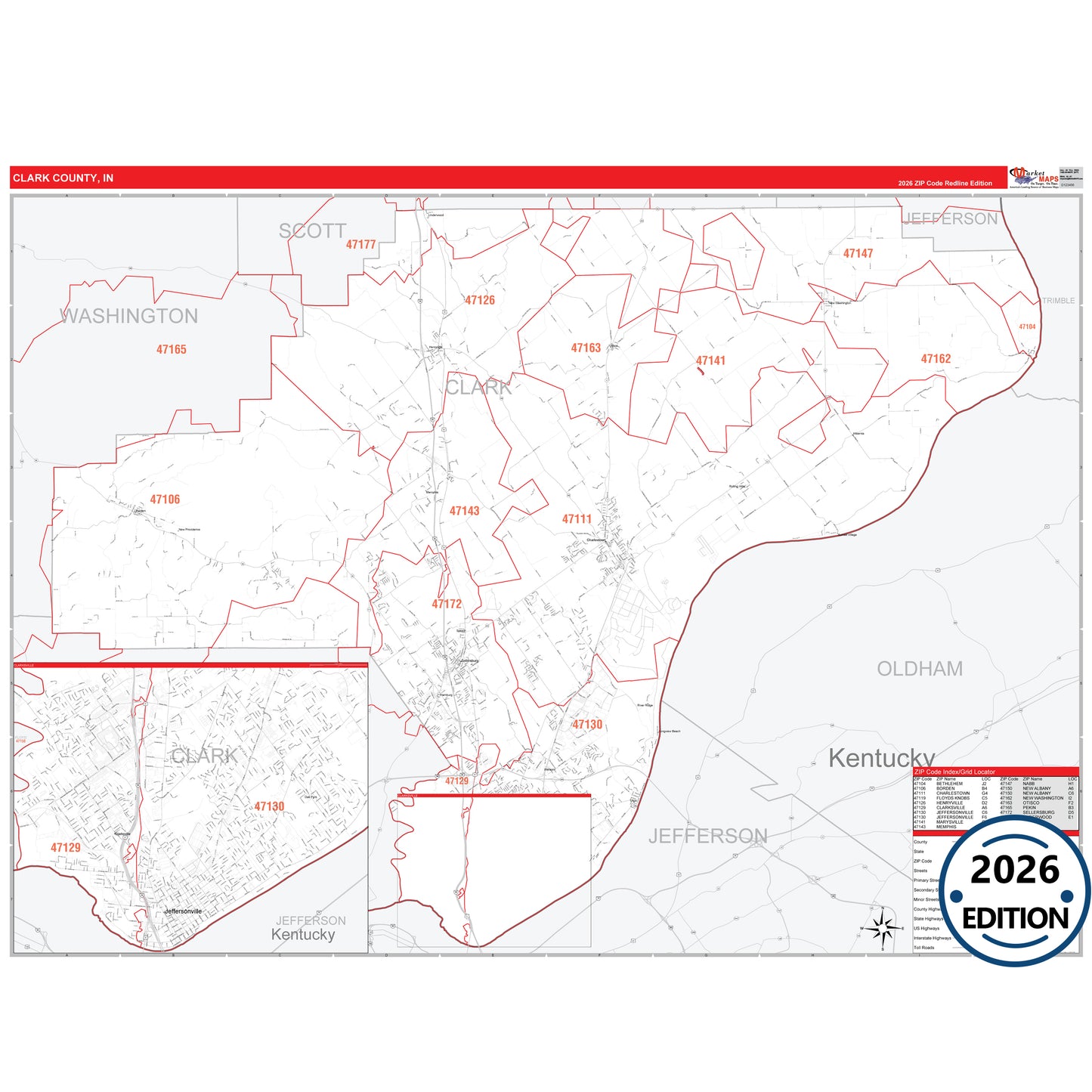 Clark County, IN Red Line 5 Digit ZIP Code Wall Map