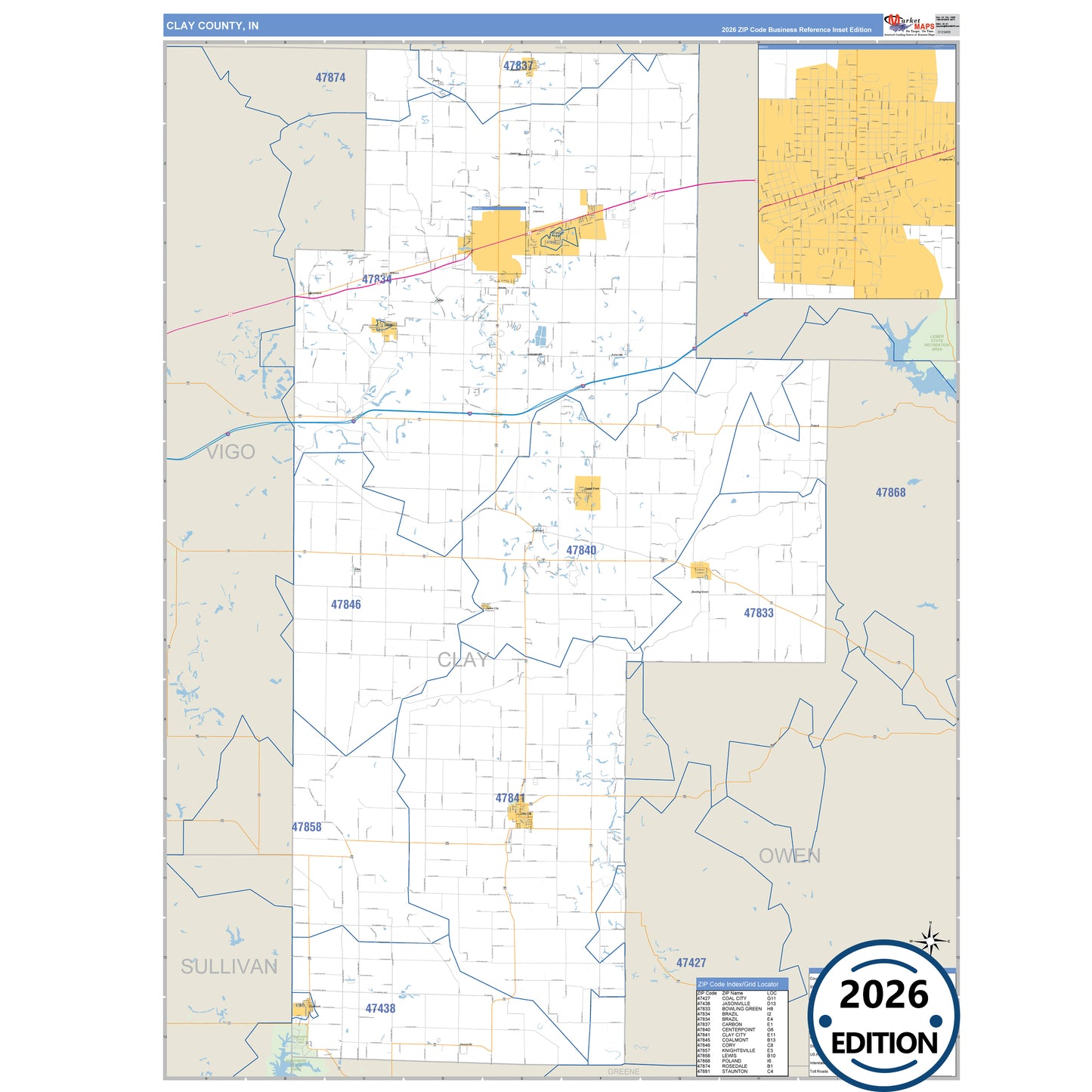 Clay County, IN Business Reference 5 Digit ZIP Code Wall Map