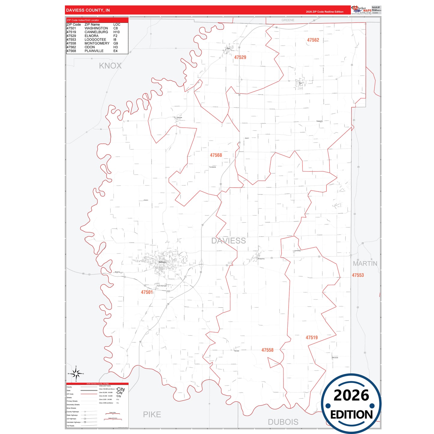 Daviess County, IN Red Line 5 Digit ZIP Code Wall Map