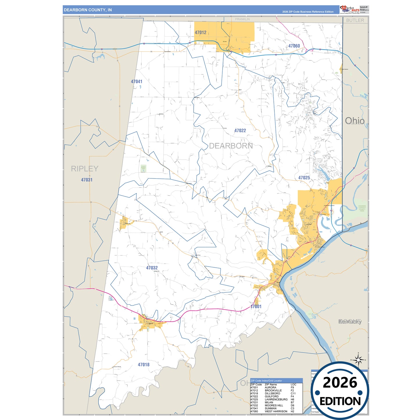Dearborn County, IN Business Reference 5 Digit ZIP Code Wall Map