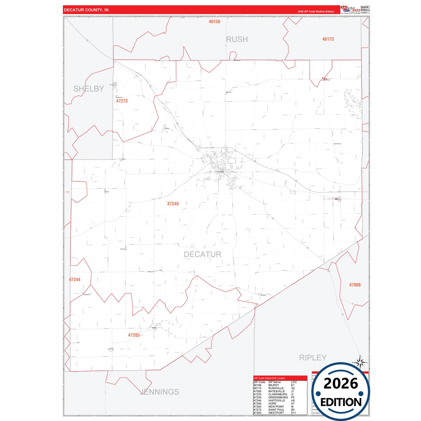 Decatur County, IN Red Line 5 Digit ZIP Code Wall Map