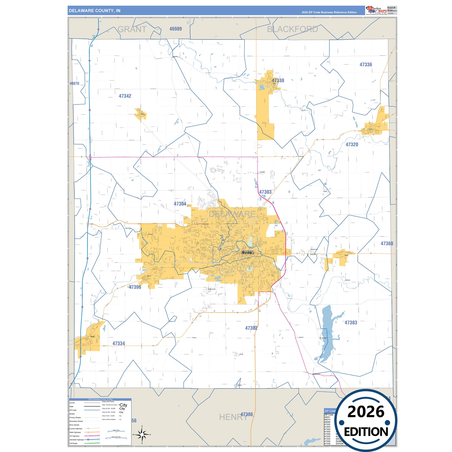 Delaware County, IN Business Reference 5 Digit ZIP Code Wall Map