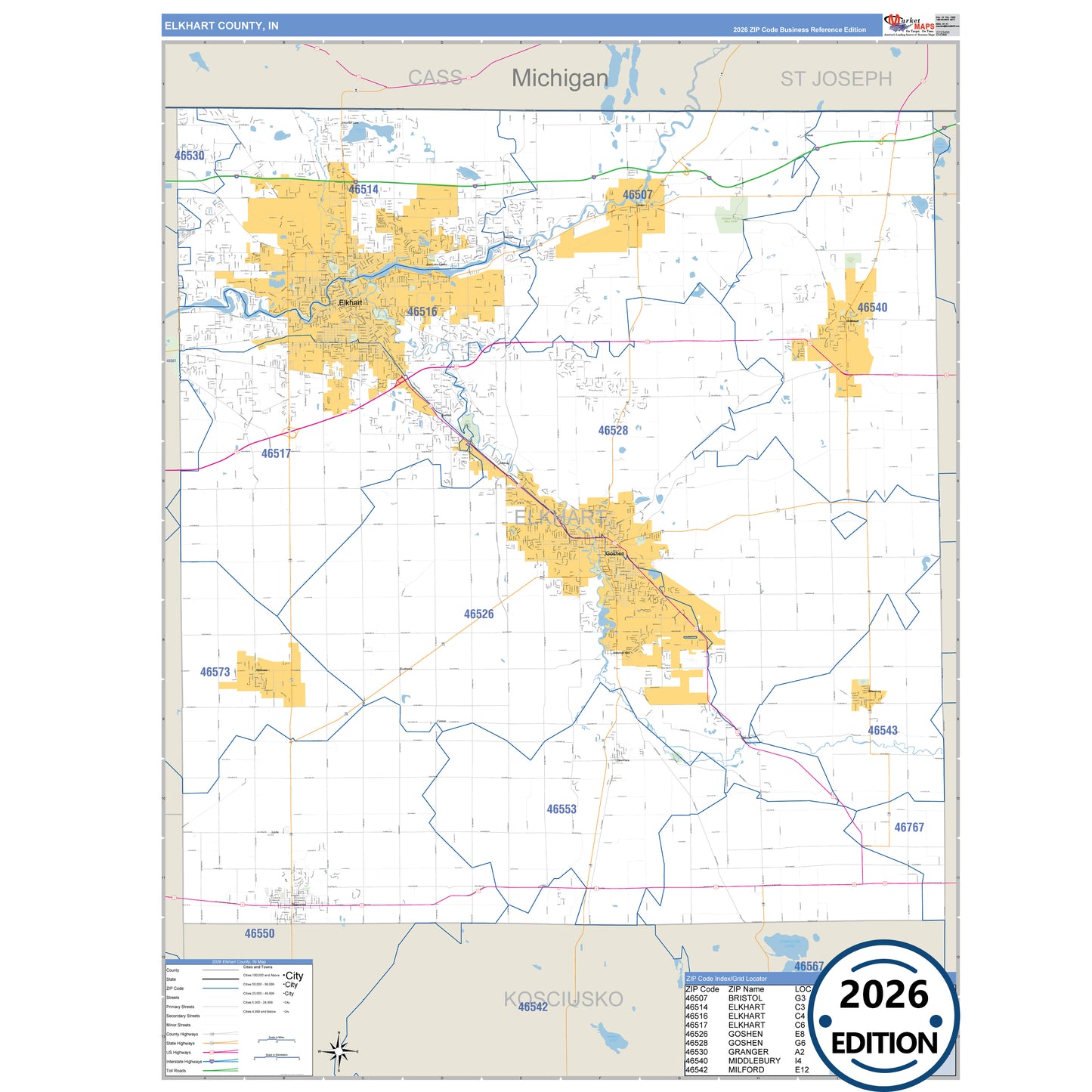 Elkhart County, IN Business Reference map with detailed roads, cities, and ZIP code boundaries.