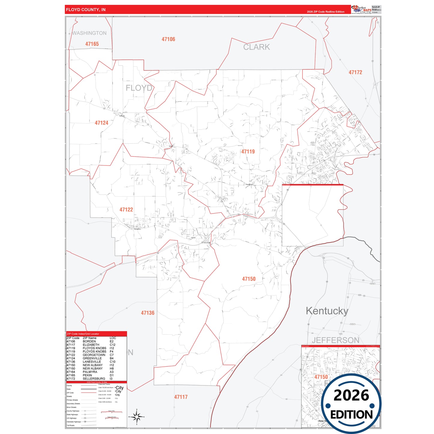 Floyd County, IN Red Line 5 Digit ZIP Code Wall Map