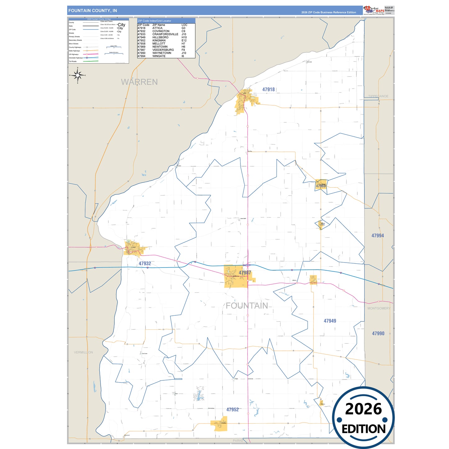Fountain County, IN Business Reference 5 Digit ZIP Code Wall Map